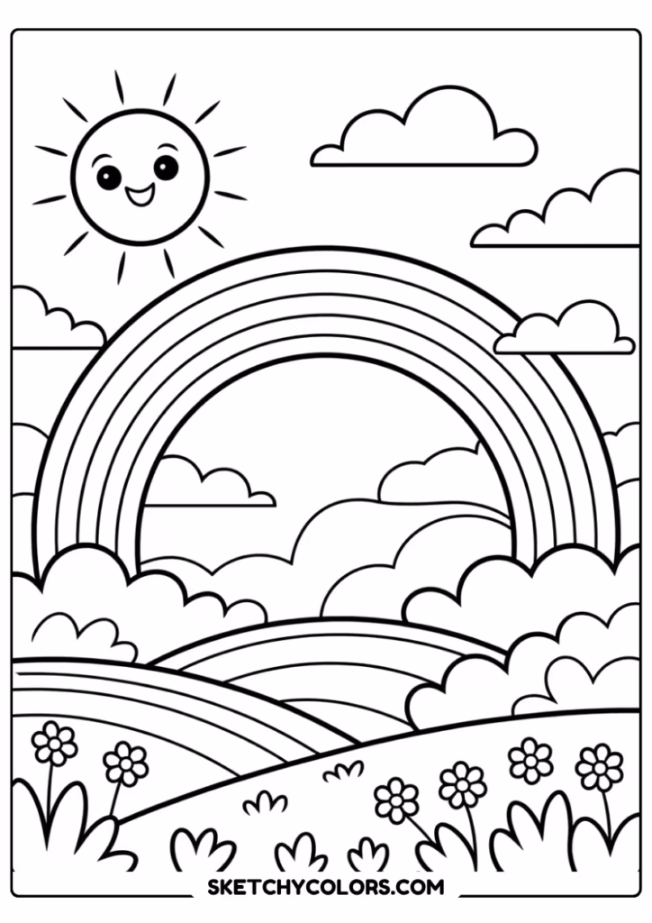 free rainbow sunshine coloring page printable for kids