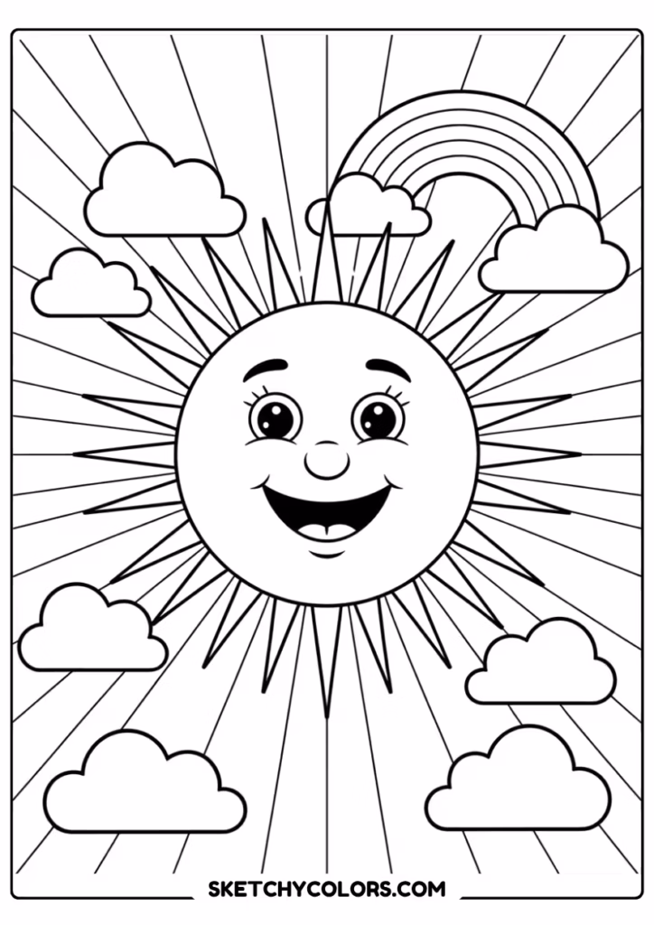 sunny rainbow coloring page free printable pdf