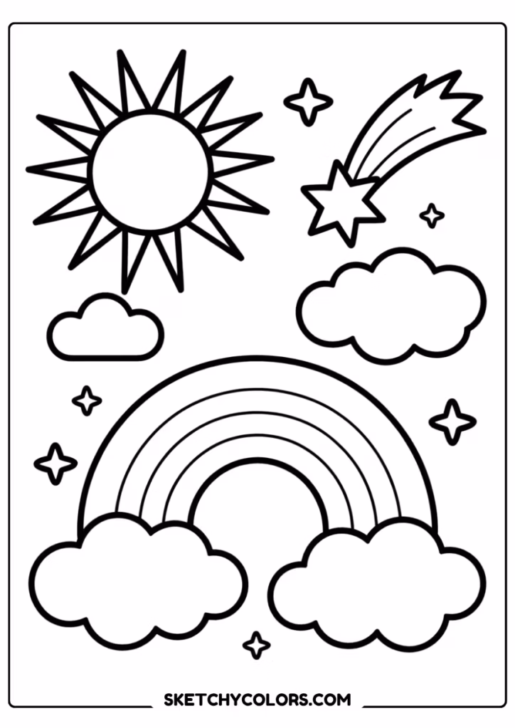 starry rainbow coloring page free printable for kids