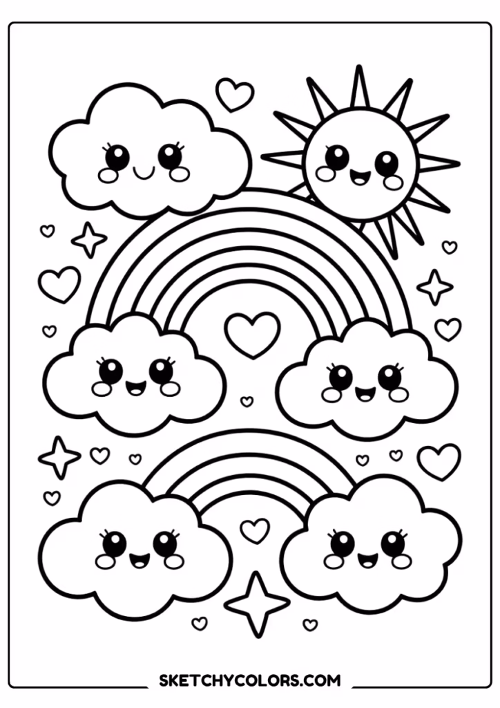 kawaii rainbow sky coloring page free printable