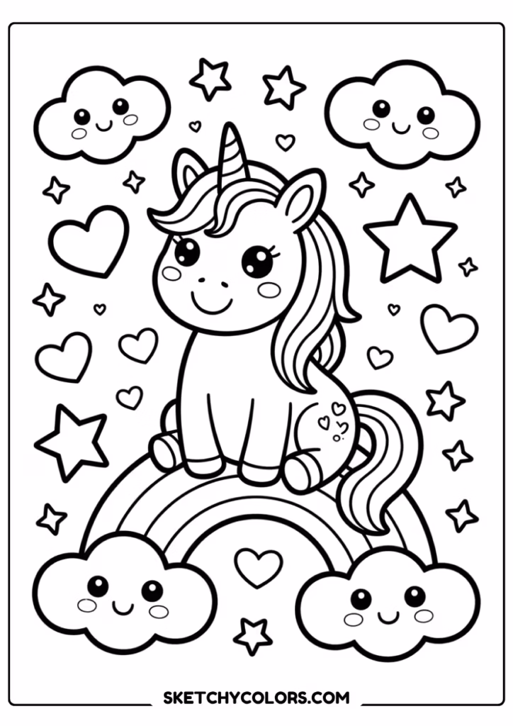 unicorn on rainbow coloring page free printable pdf