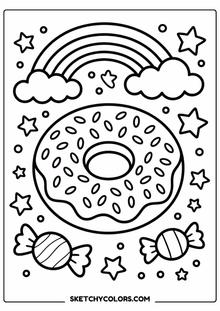 rainbow donut coloring page free printable for kids