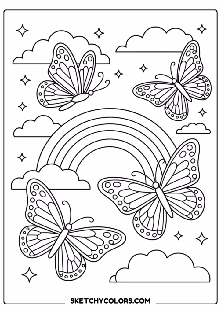 butterfly rainbow coloring page free printable for kids