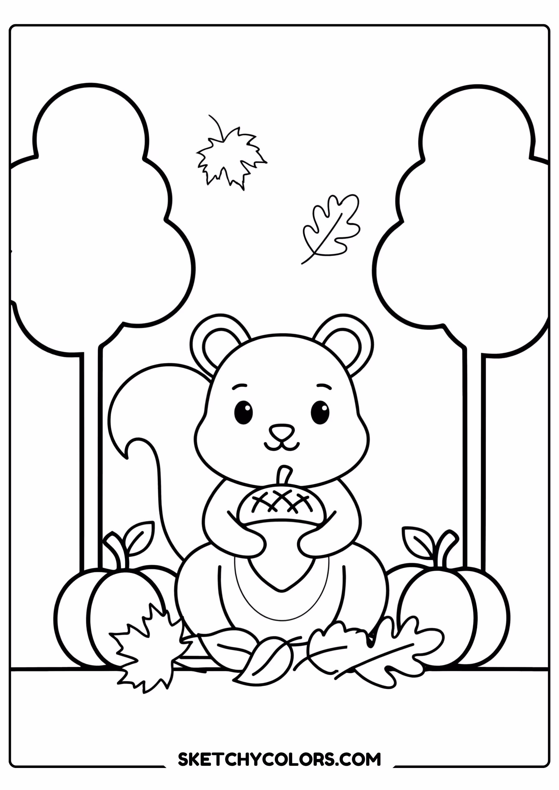 autumn coloring page squirrel acorn fallen leaves free printable for kids