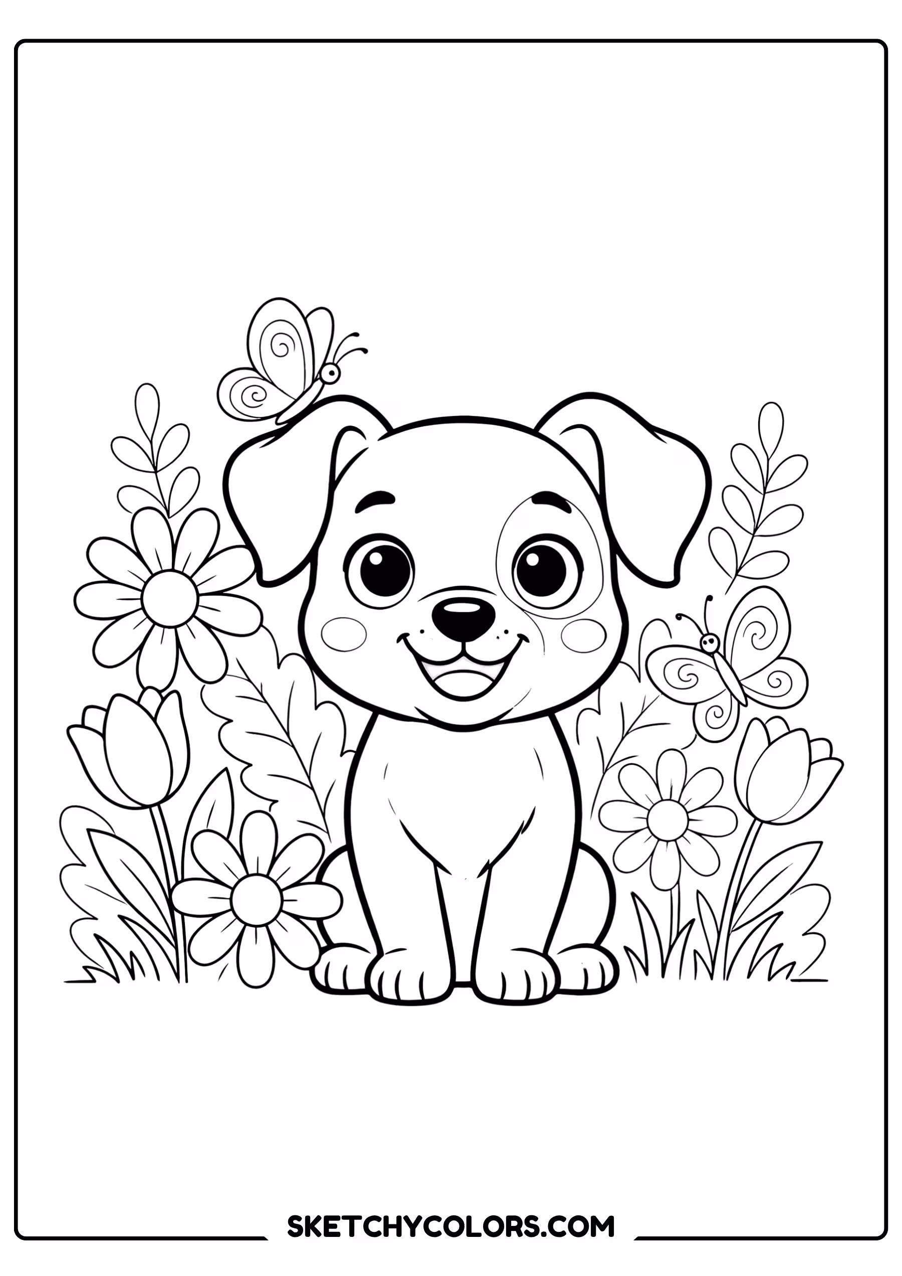 dog coloring page puppy flower garden free printable for kids