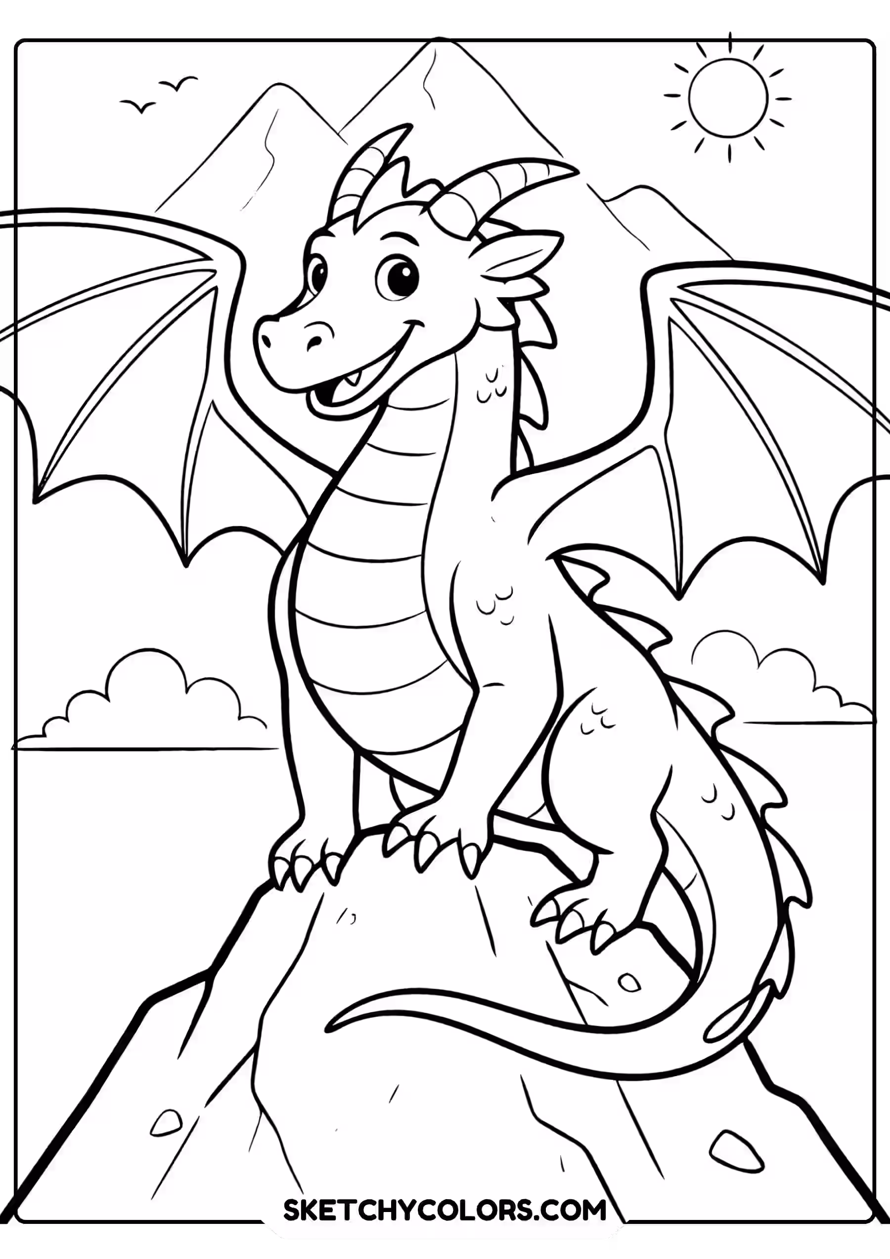 dragon coloring page mountain peak wings spread free printable for kids