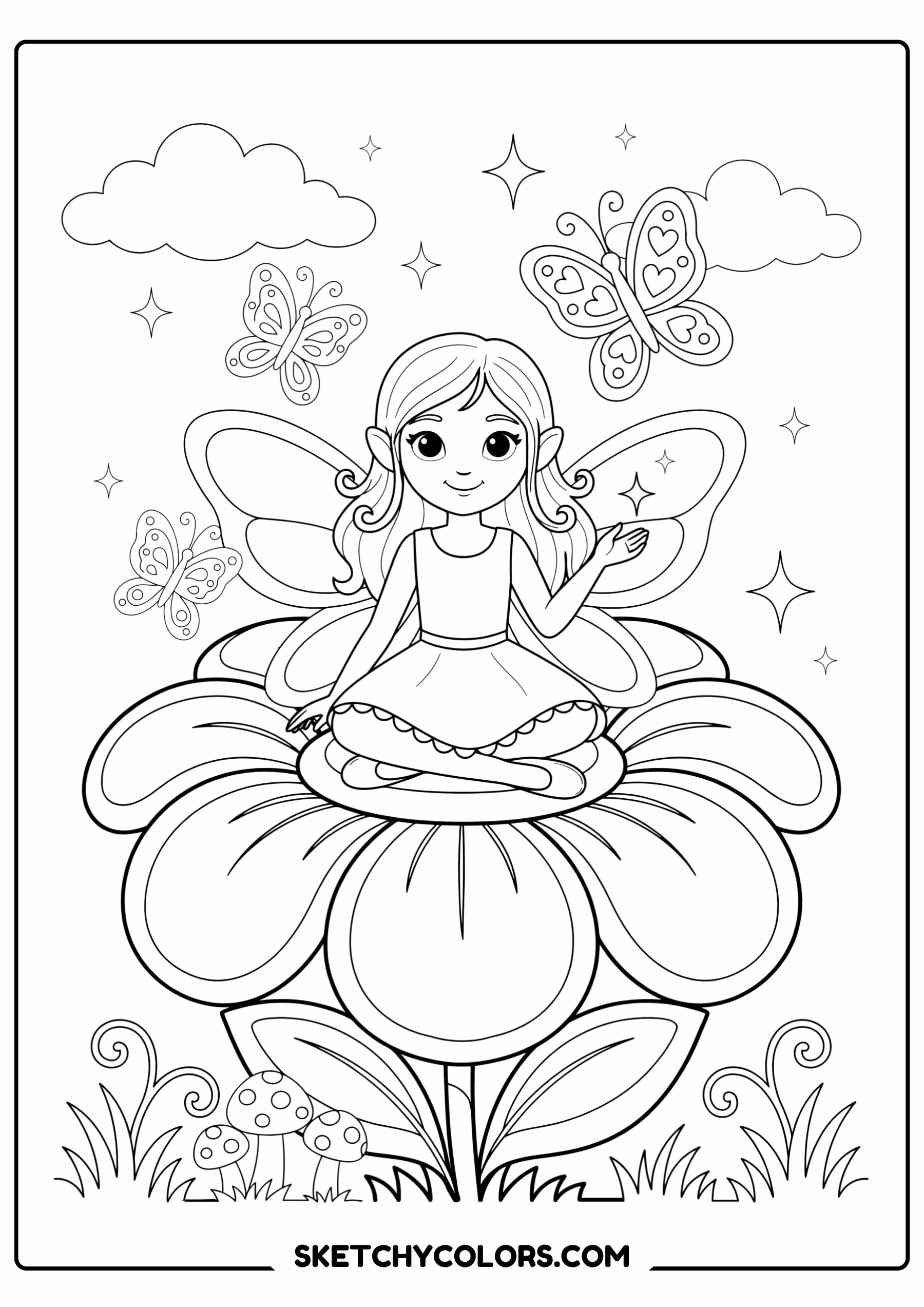 fairy coloring page magical wings giant flower butterflies free printable for kids