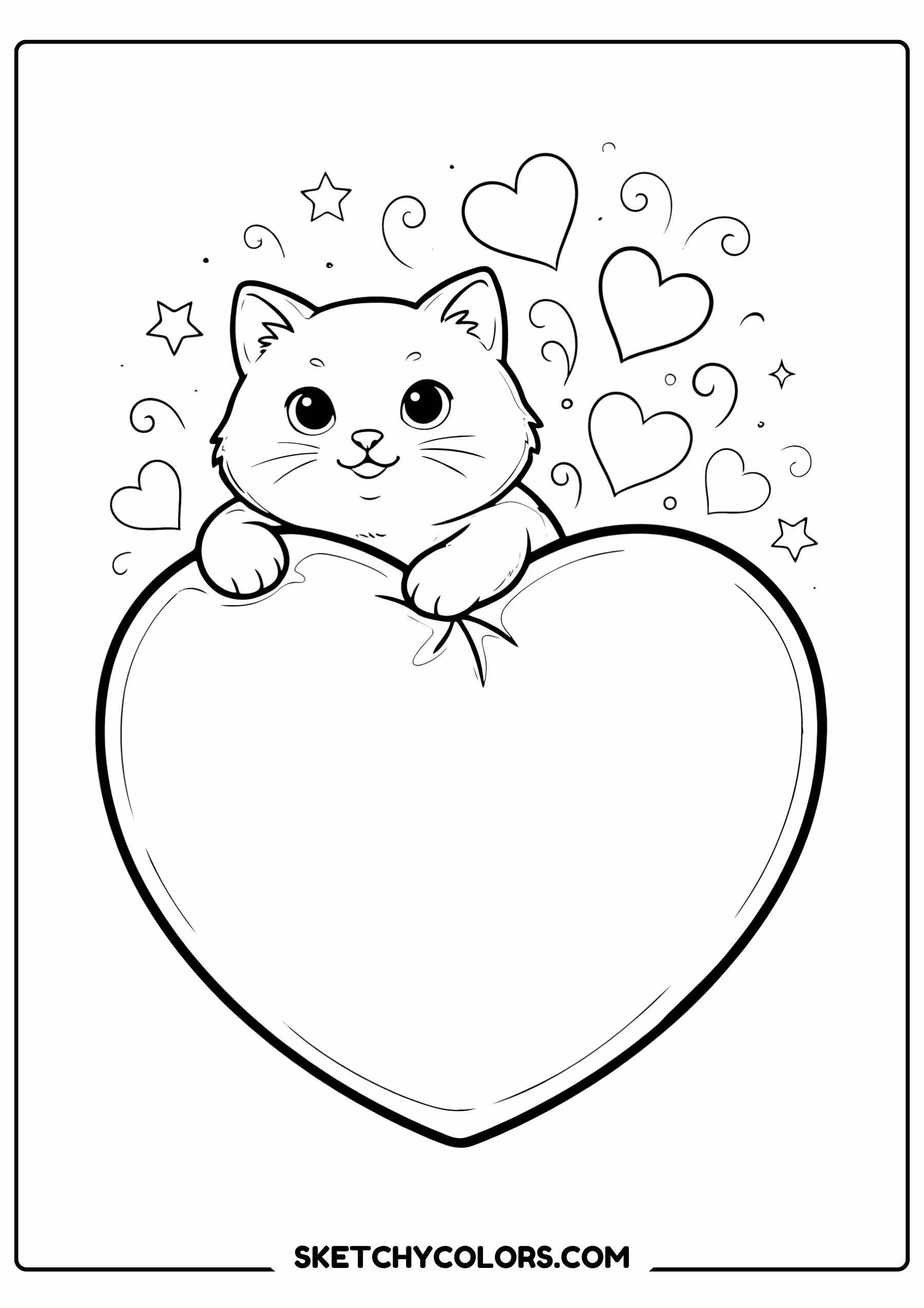 february coloring page kitten heart pillow free printable for kids