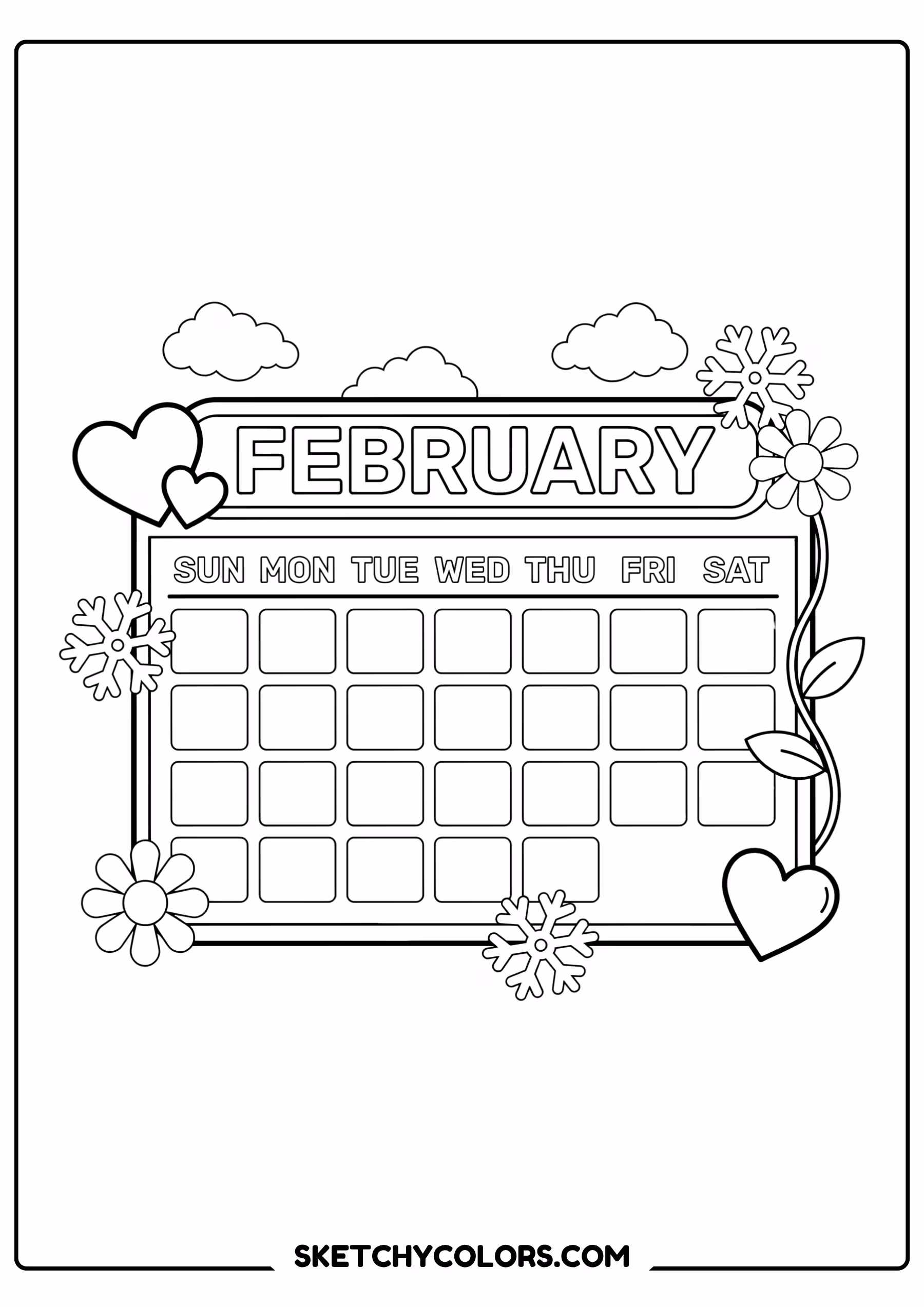 february coloring page calendar hearts snowflakes free printable for kids