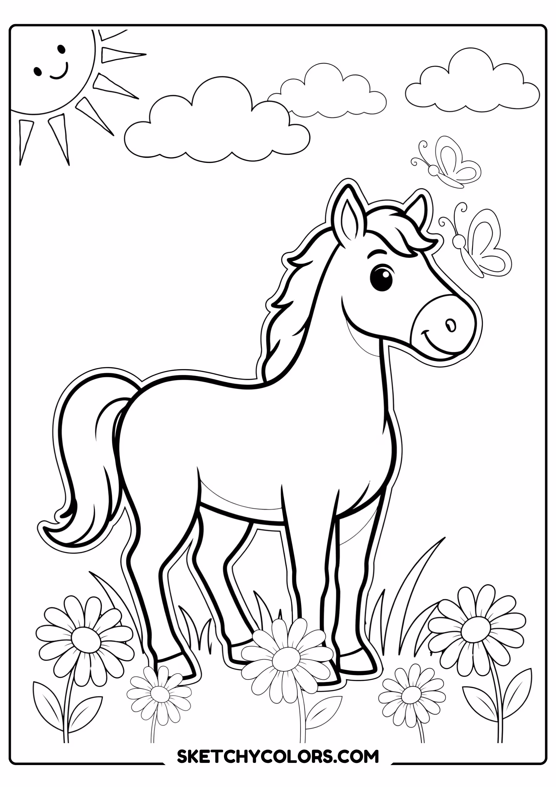 horse coloring page meadow wildflowers free printable for kids