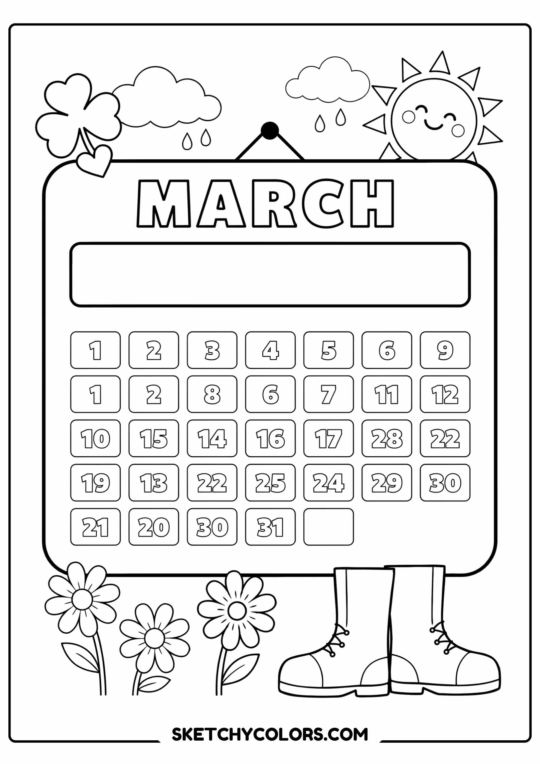 march coloring page calendar shamrocks flowers free printable for kids