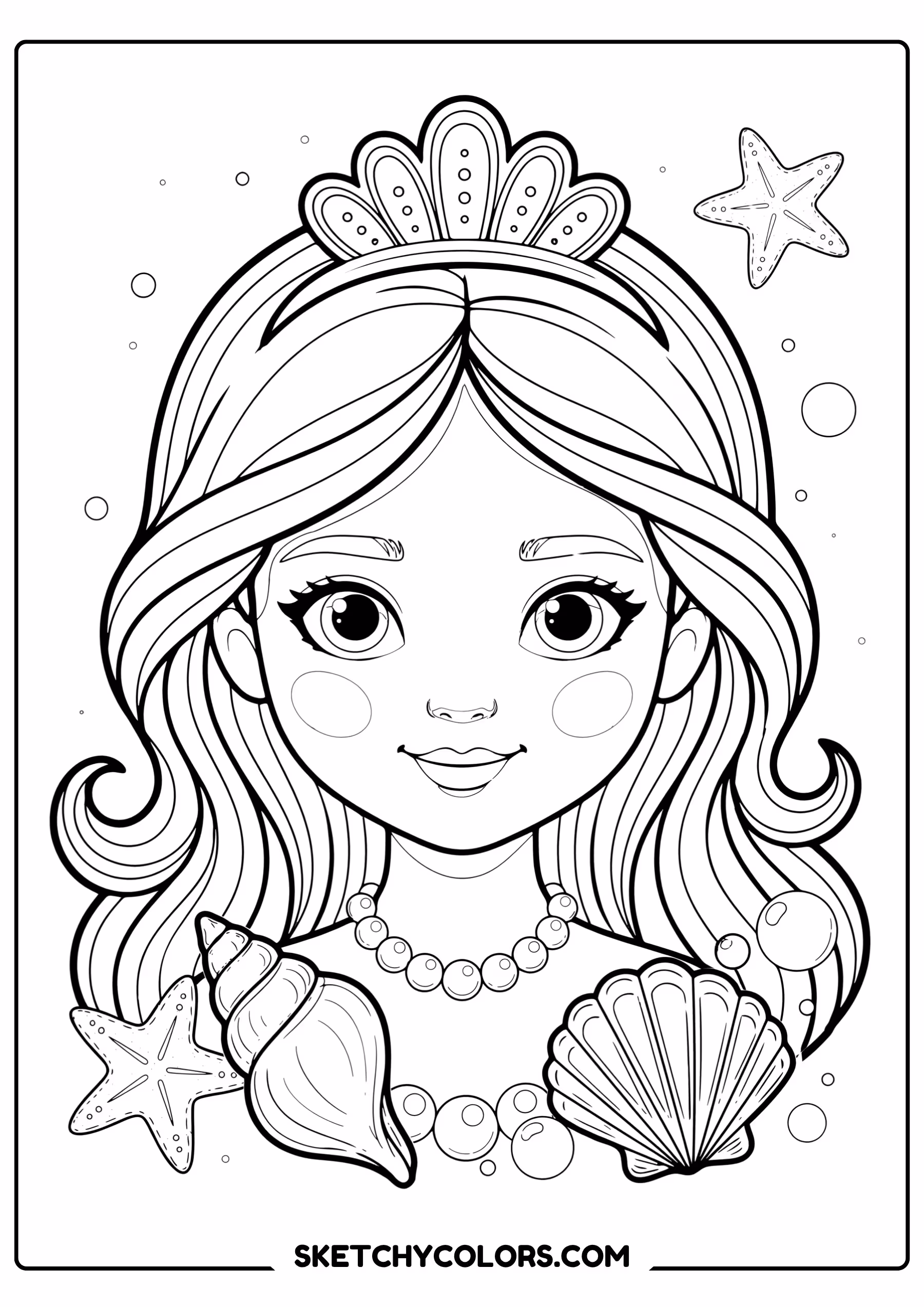 mermaid coloring page princess seashell crown pearl necklace free printable for kids