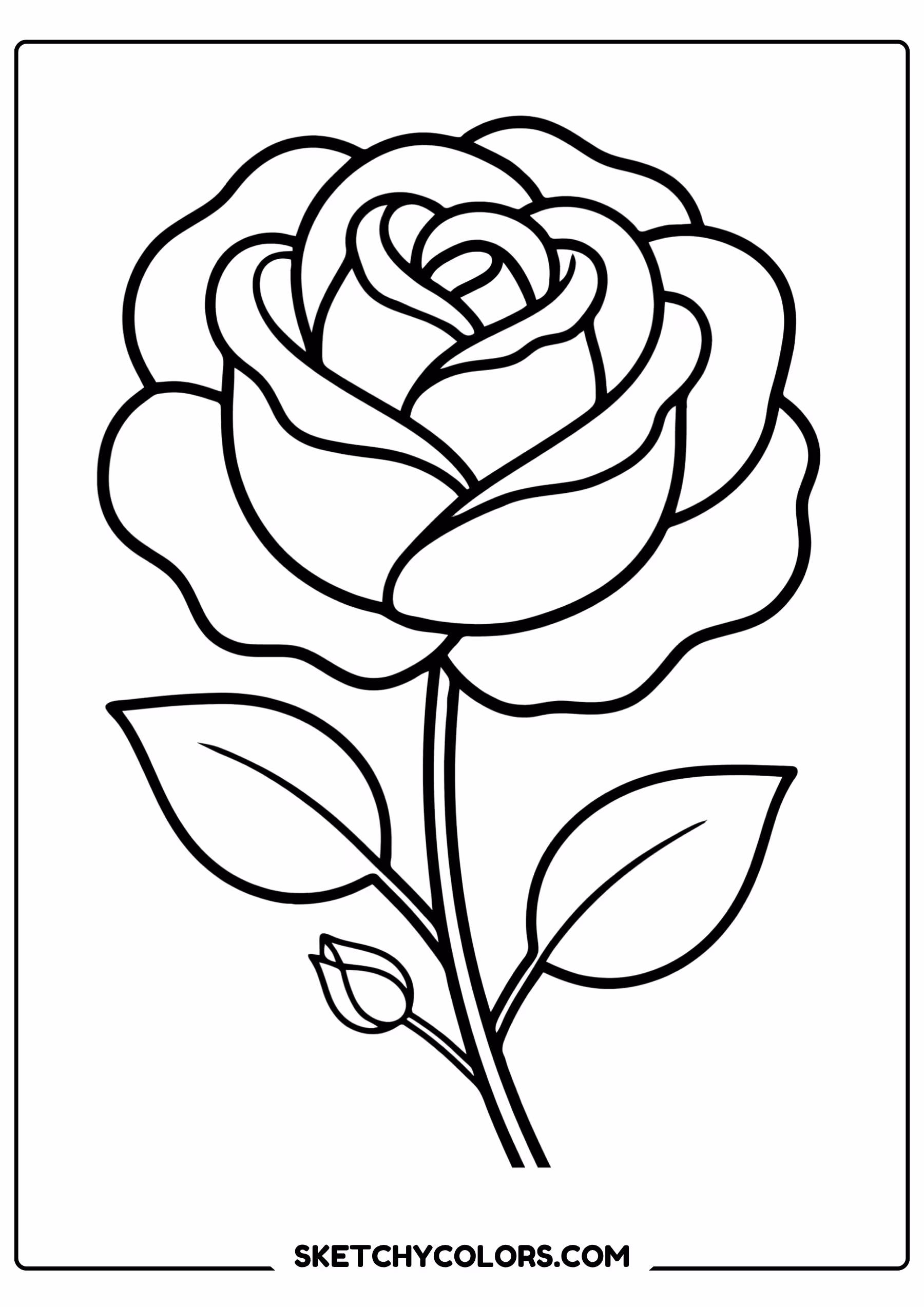 rose coloring page large blooming rose petals leaves free printable for kids