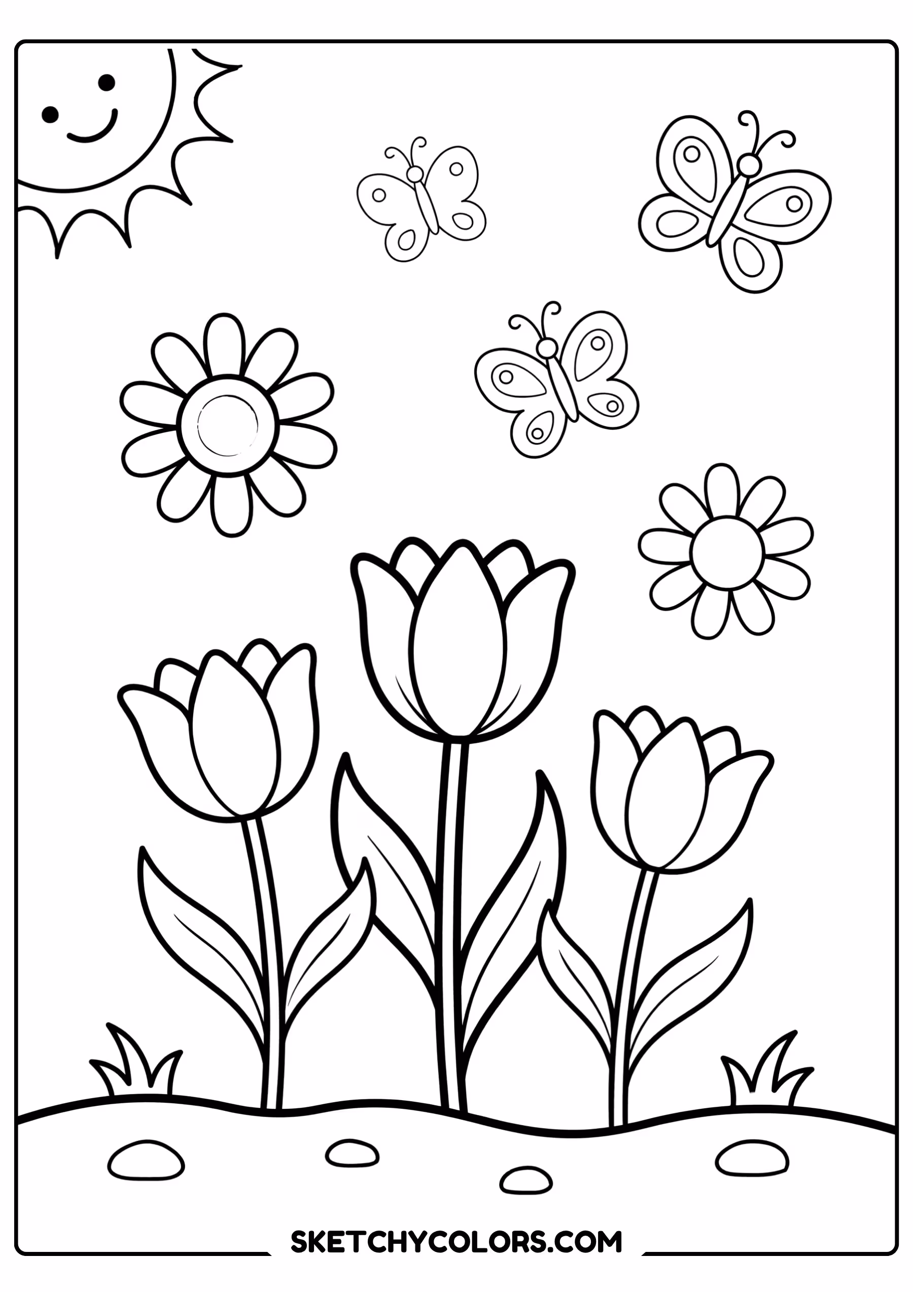 spring coloring page garden tulips daisies butterflies free printable for kids
