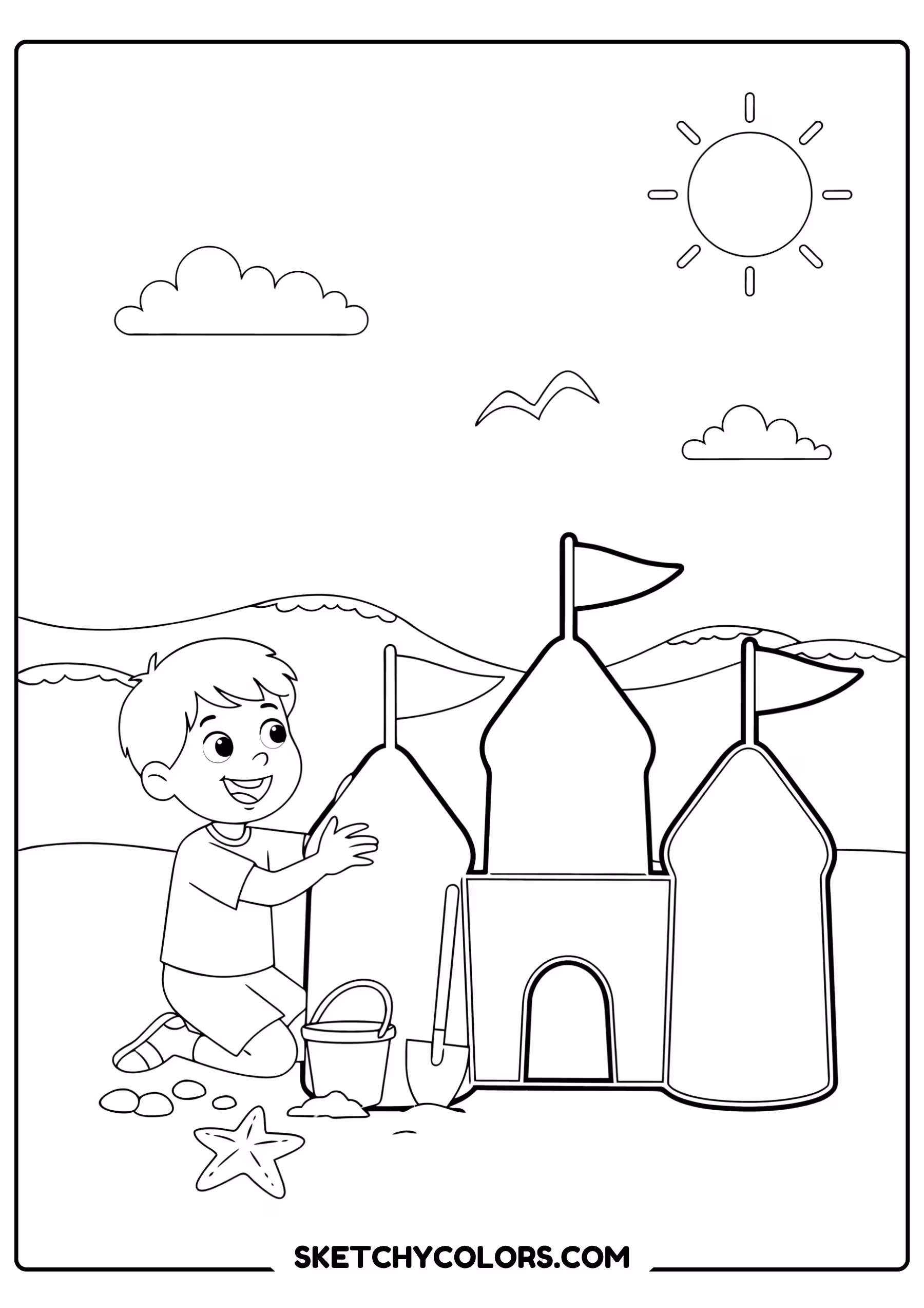 summer coloring page child sandcastle beach free printable for kids