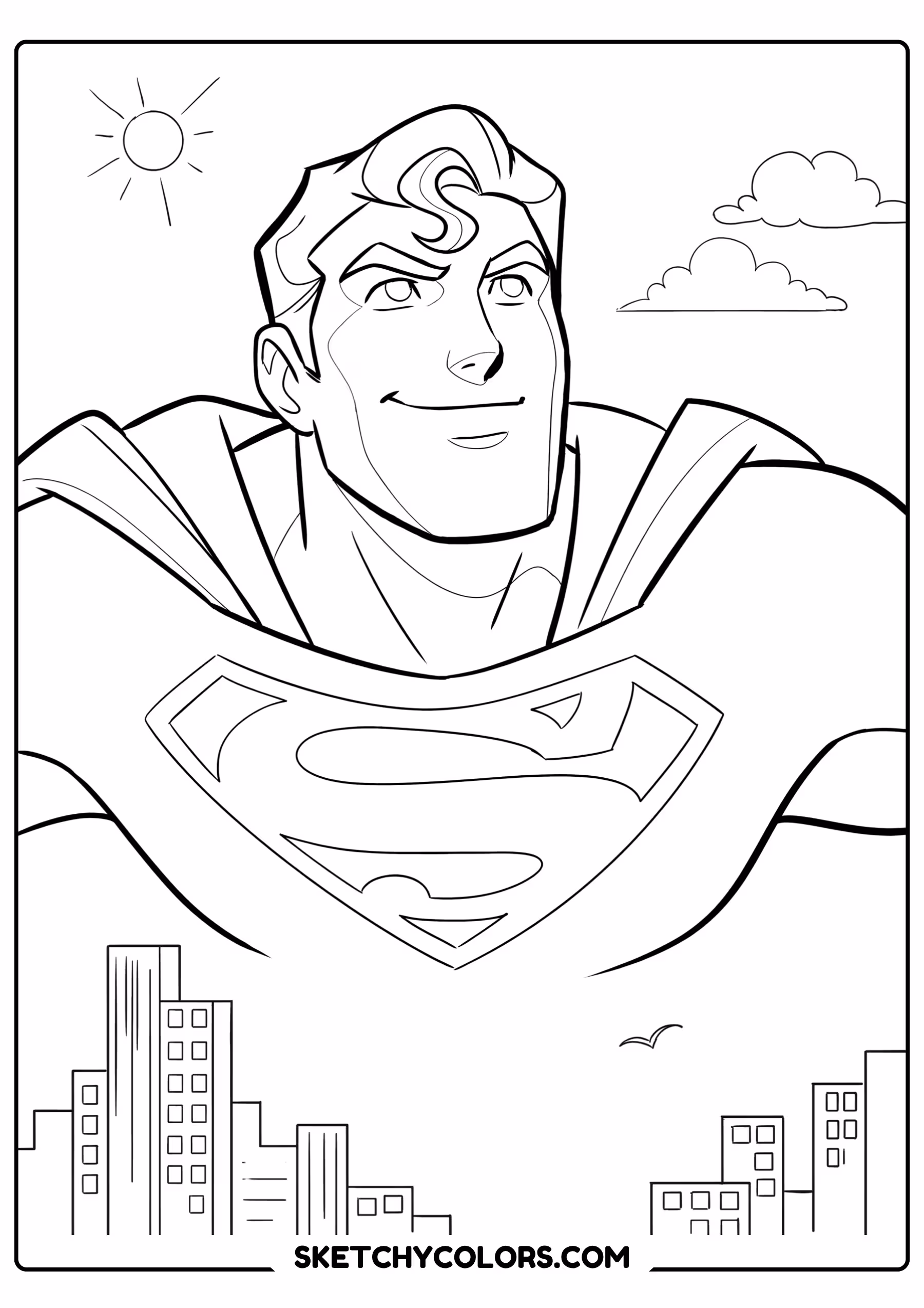 superman flying over city coloring page free printable for kids