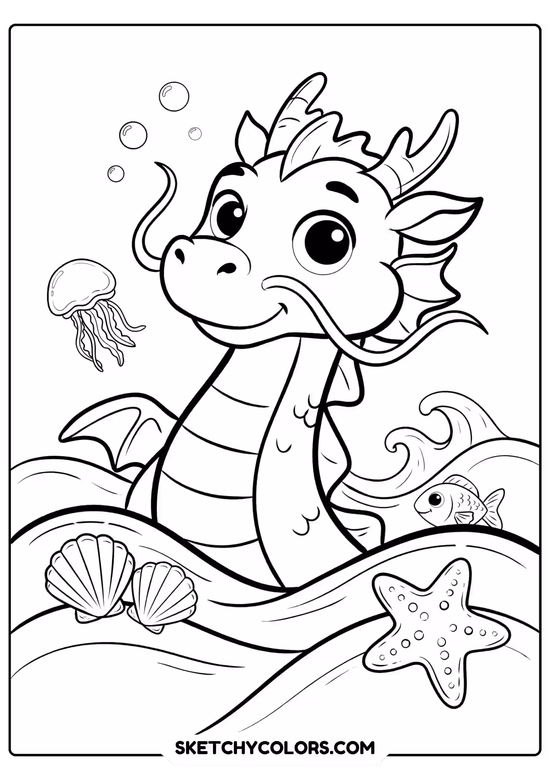 dragon coloring page water dragon ocean waves seashells free printable pdf