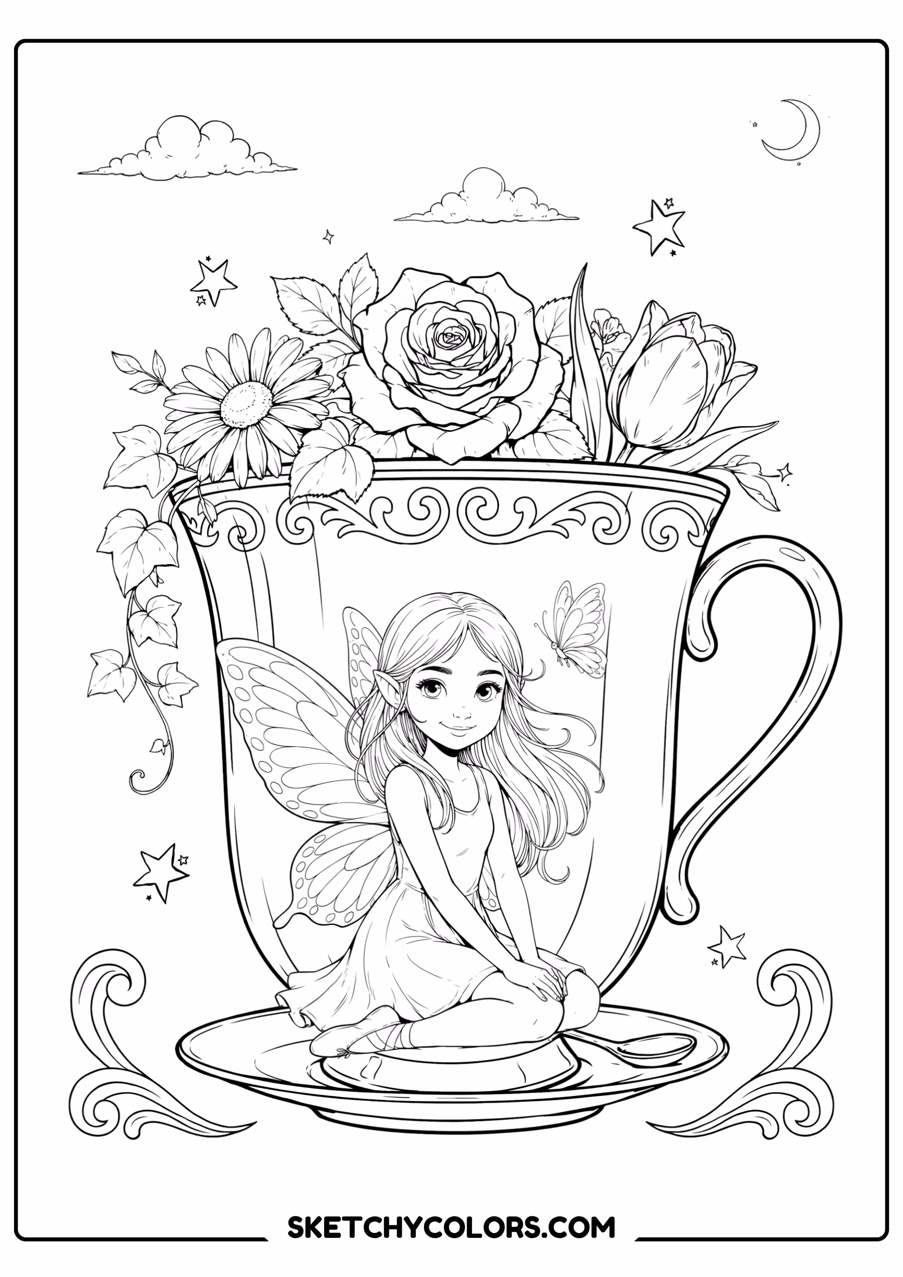 fairy coloring page giant teacup flowers magical stars free printable pdf