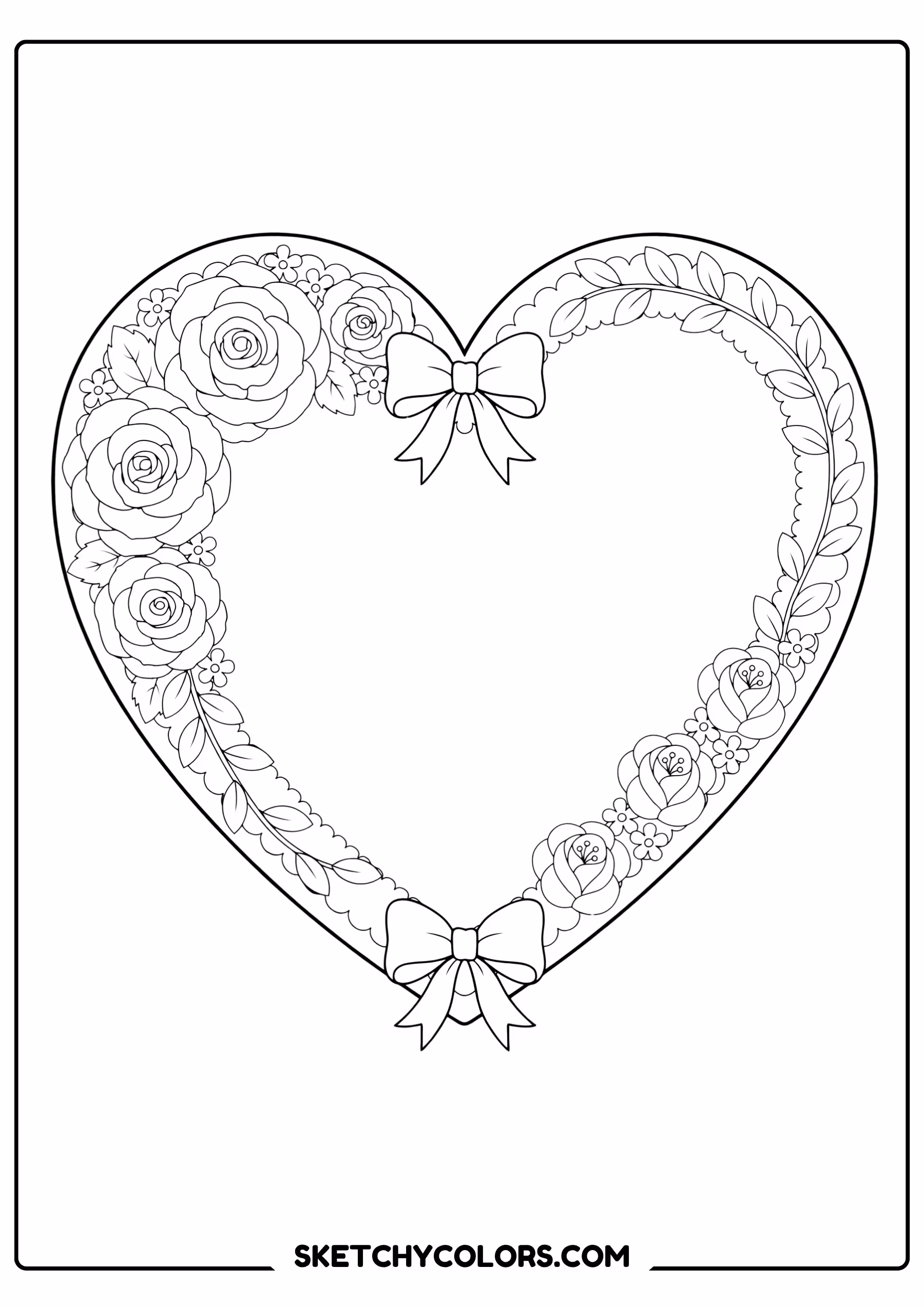 february coloring page heart wreath roses bows free printable pdf