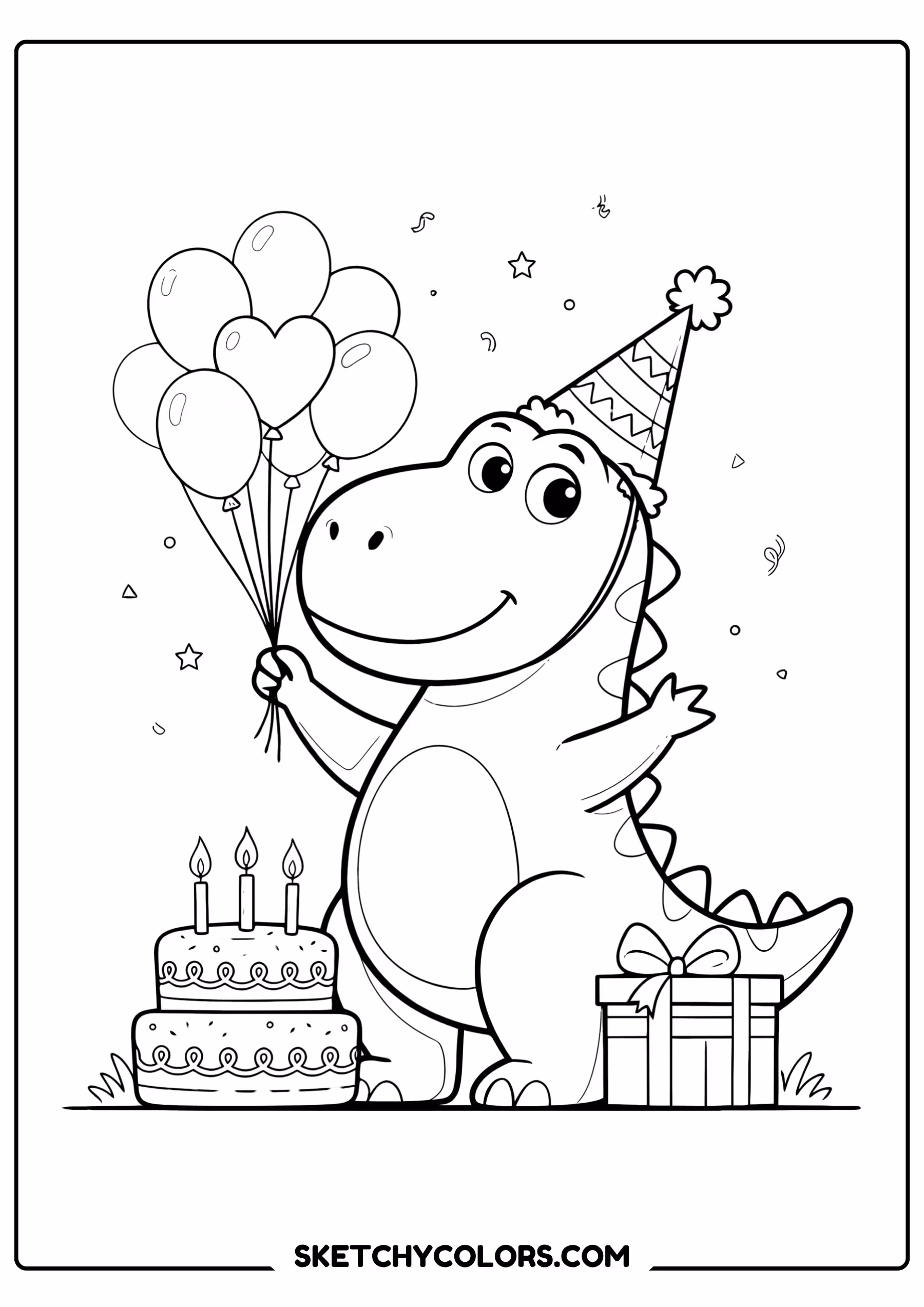 happy birthday coloring page dinosaur balloons party hat free printable pdf