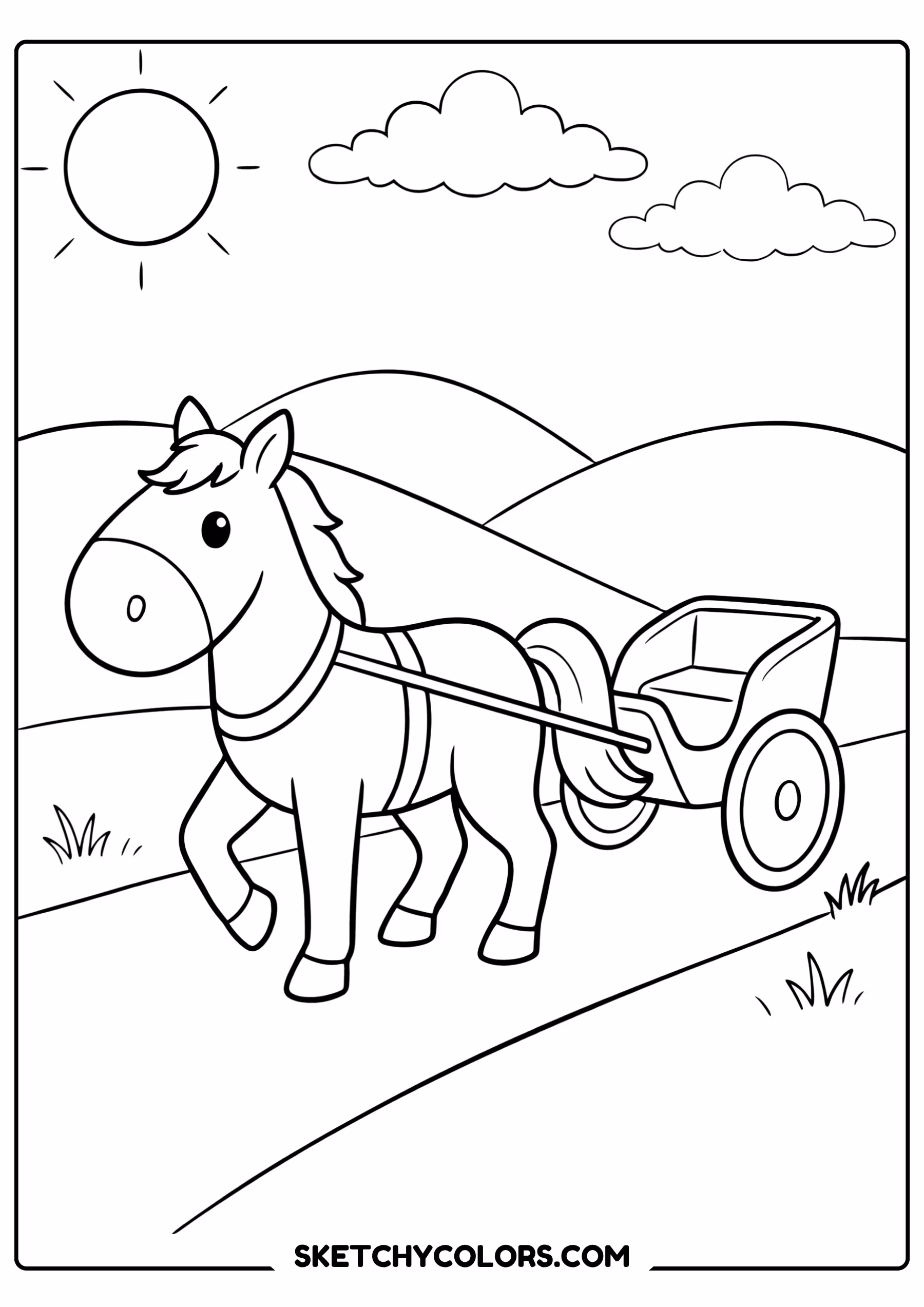 horse coloring page pulling carriage countryside free printable pdf