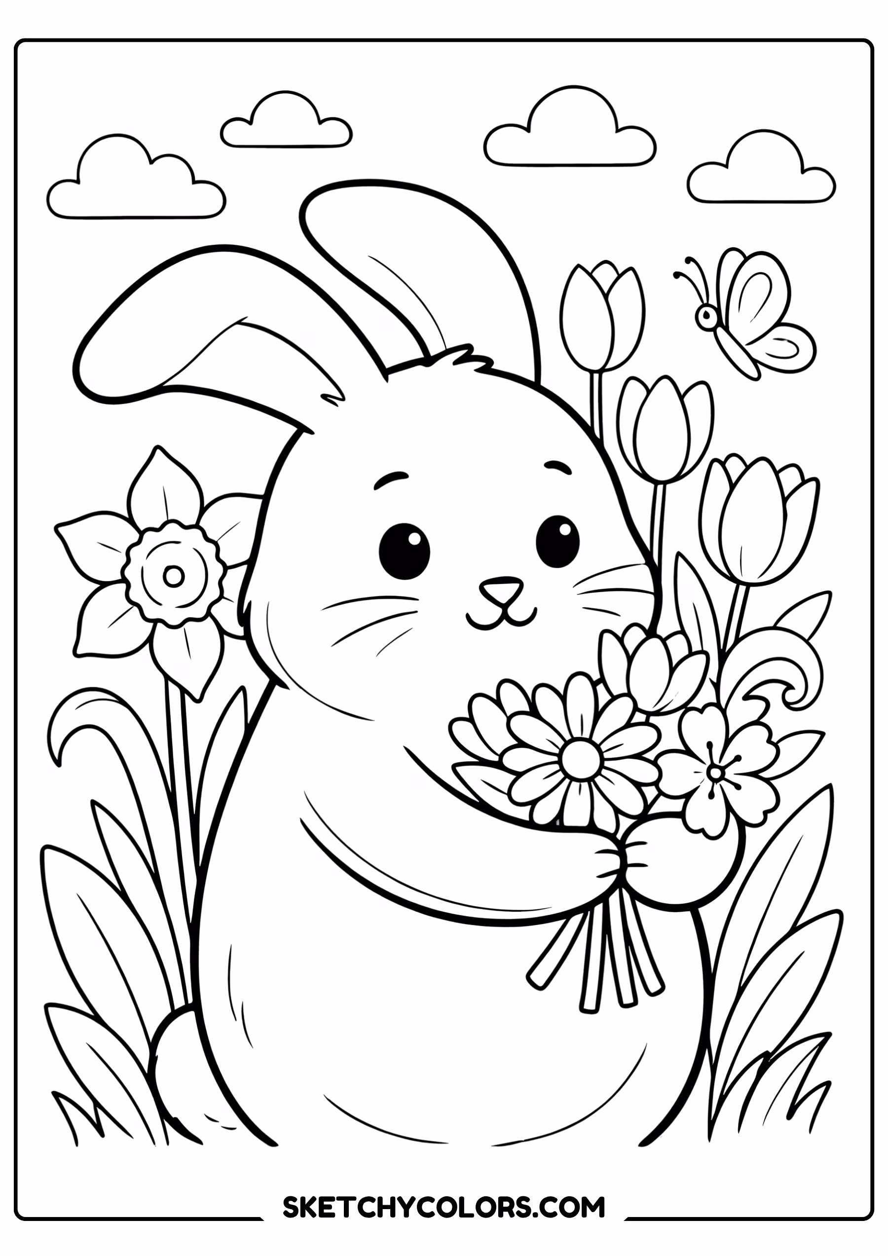 march coloring page bunny spring flowers bouquet free printable pdf