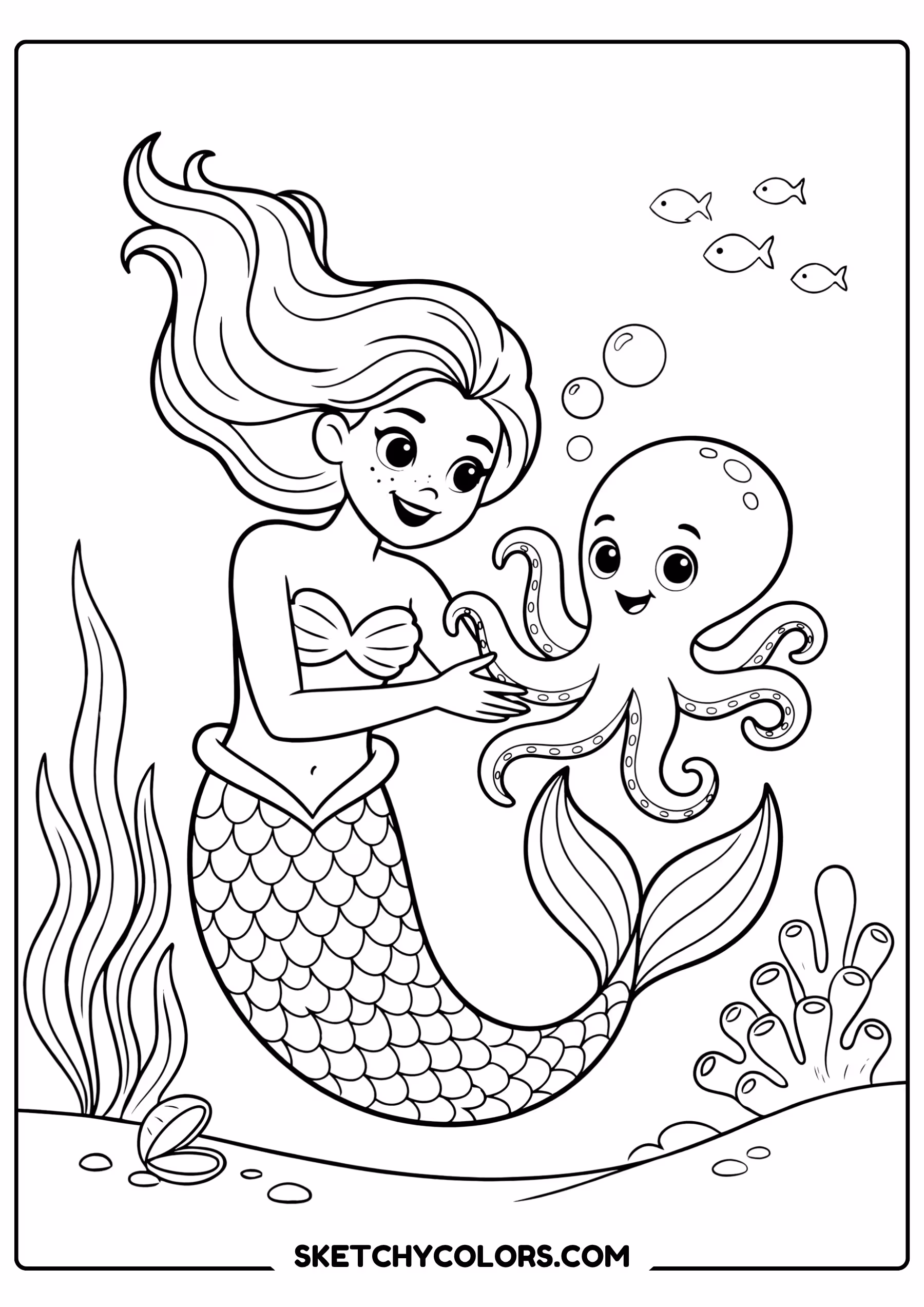 mermaid coloring page octopus friend playing underwater free printable pdf