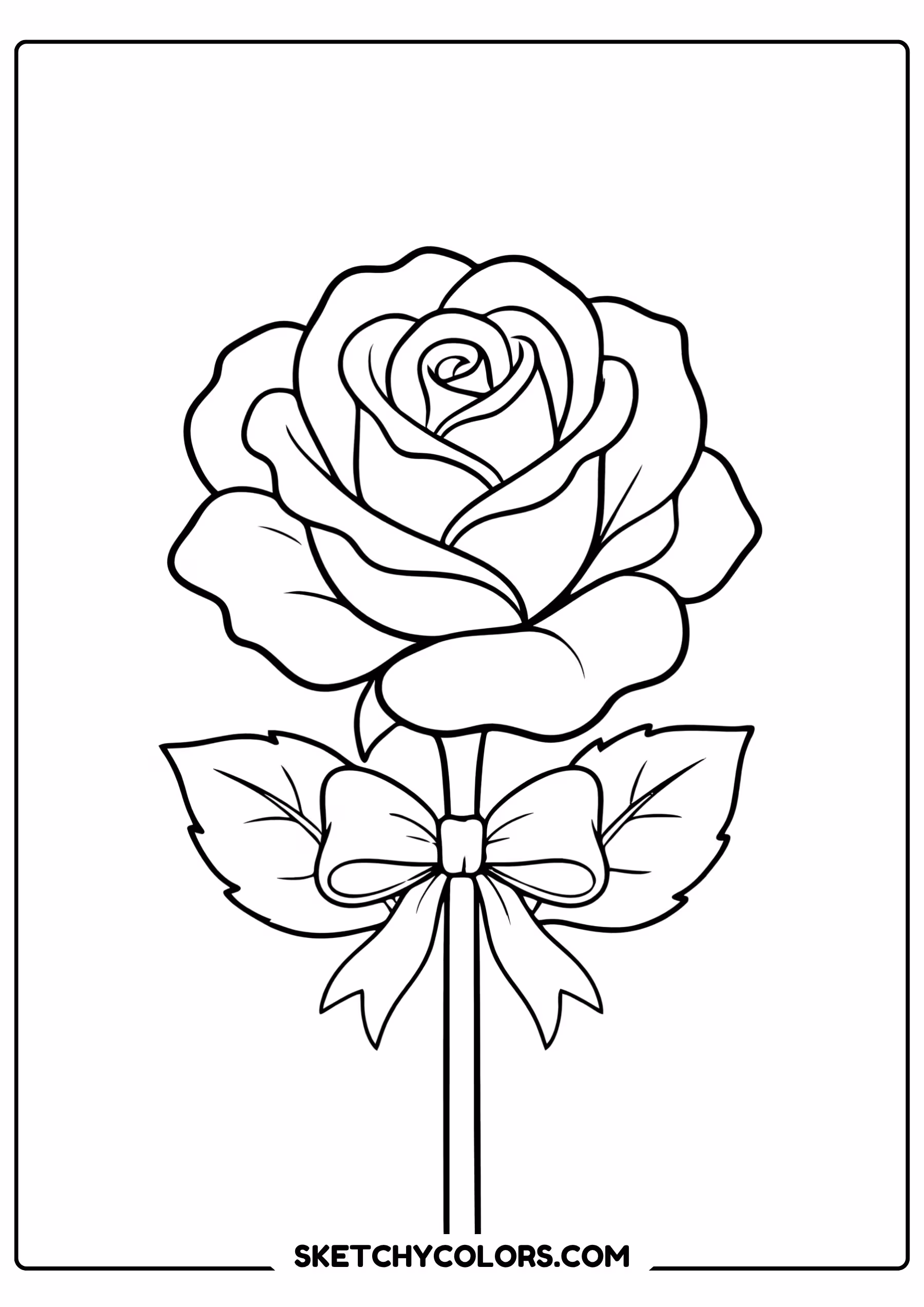 rose coloring page ribbon bow stem large petals free printable pdf