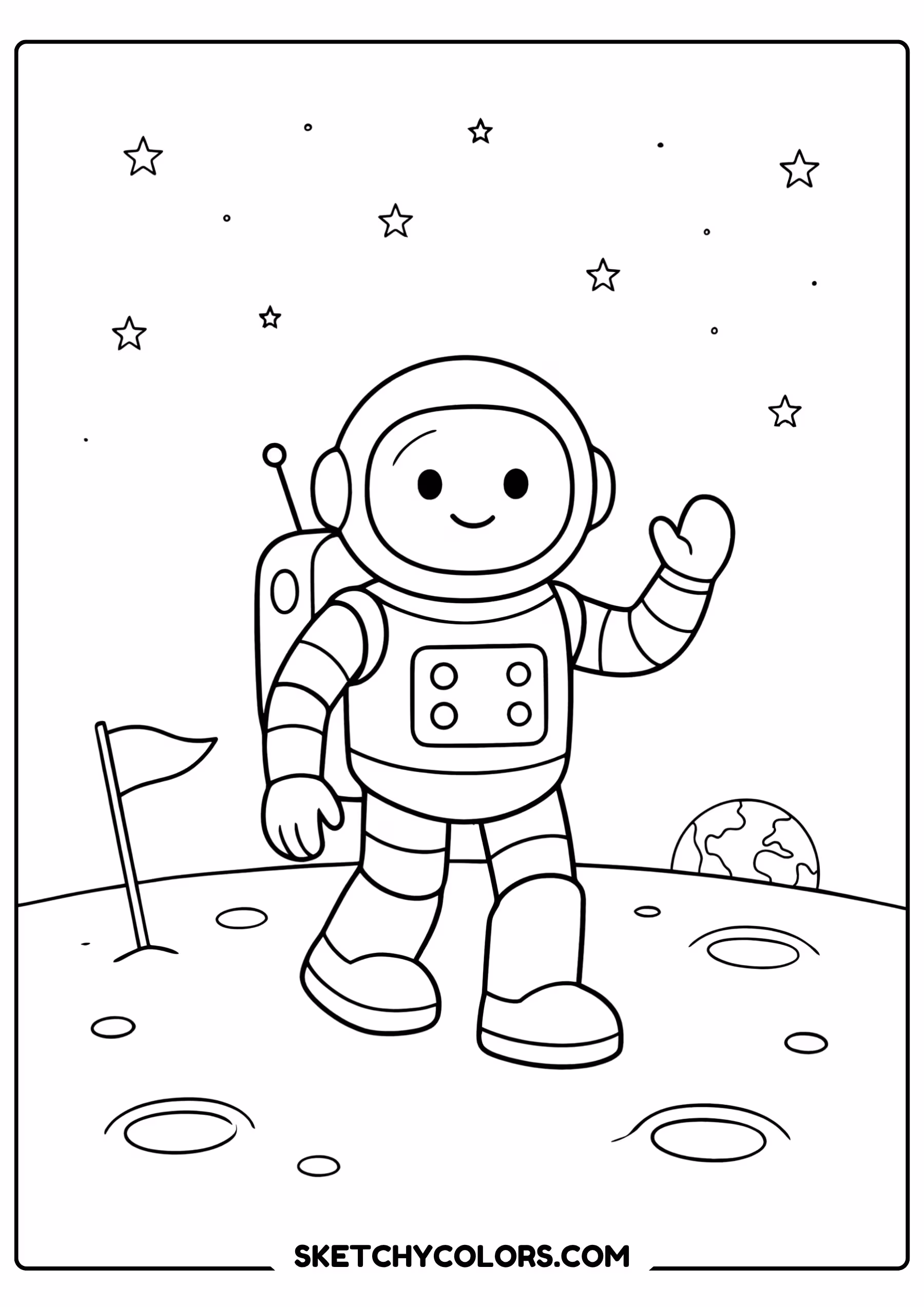 space coloring page robot astronaut moon surface free printable pdf