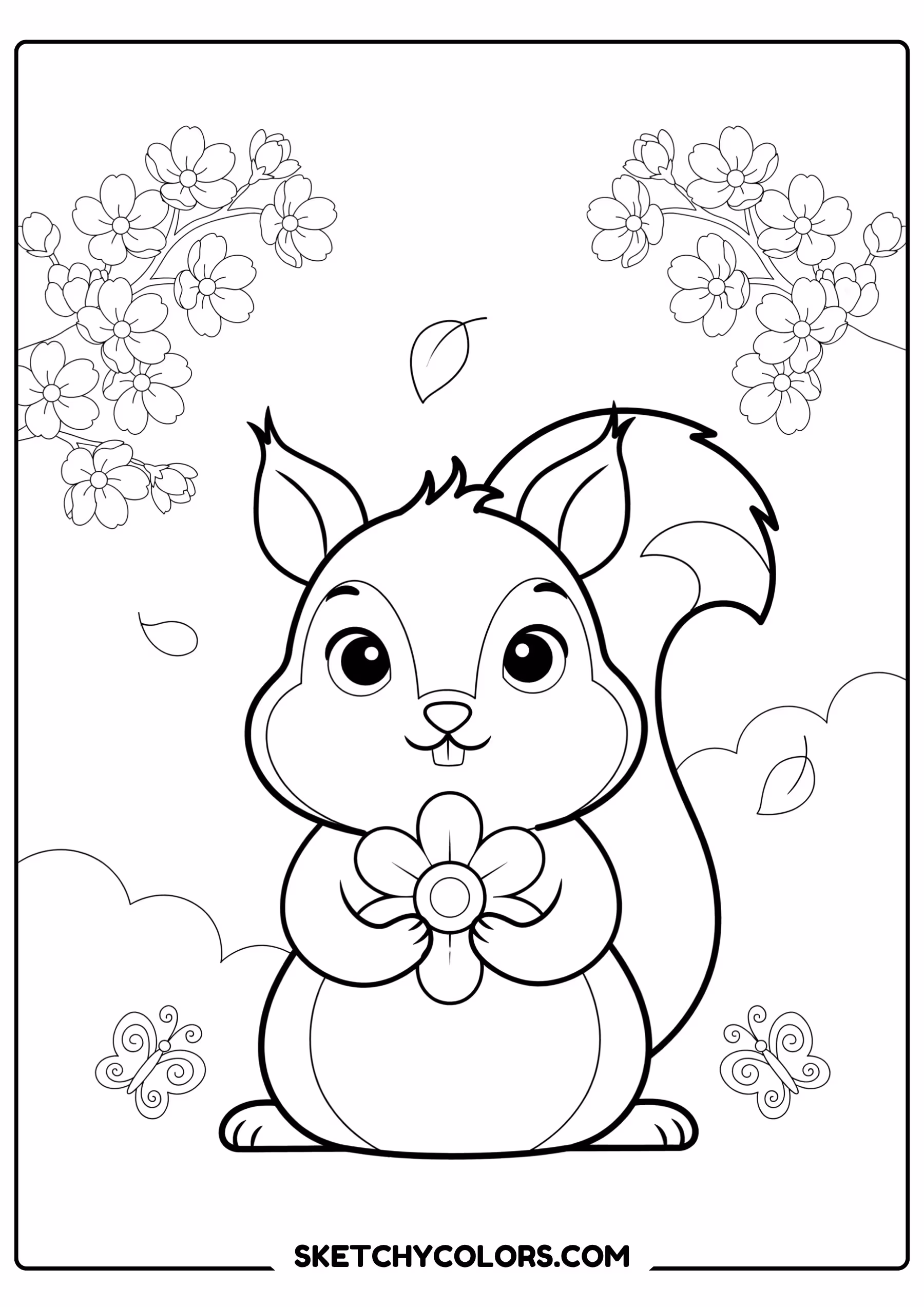 spring coloring page squirrel flower blossoms free printable pdf