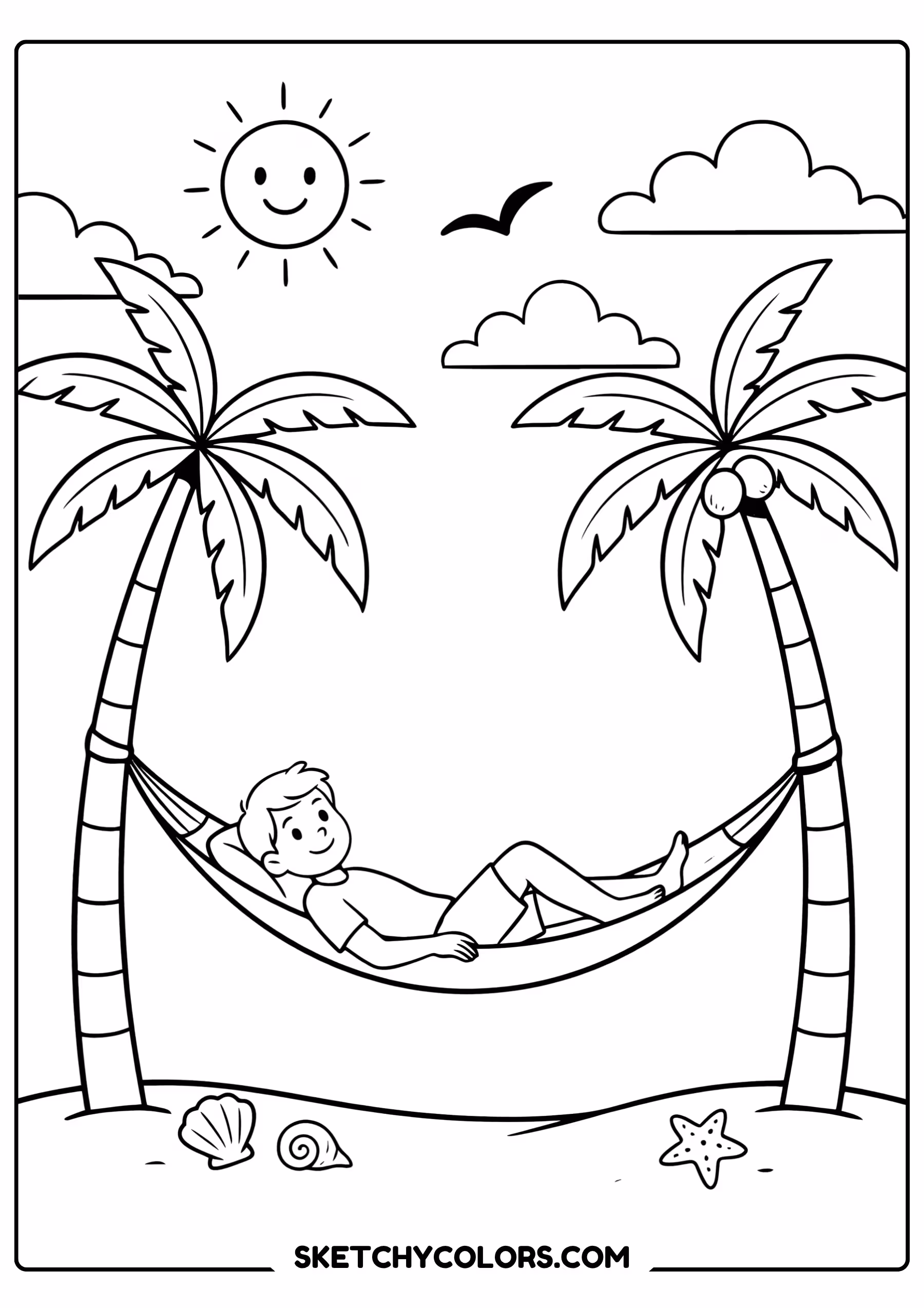 summer coloring page child hammock palm trees tropical free printable pdf