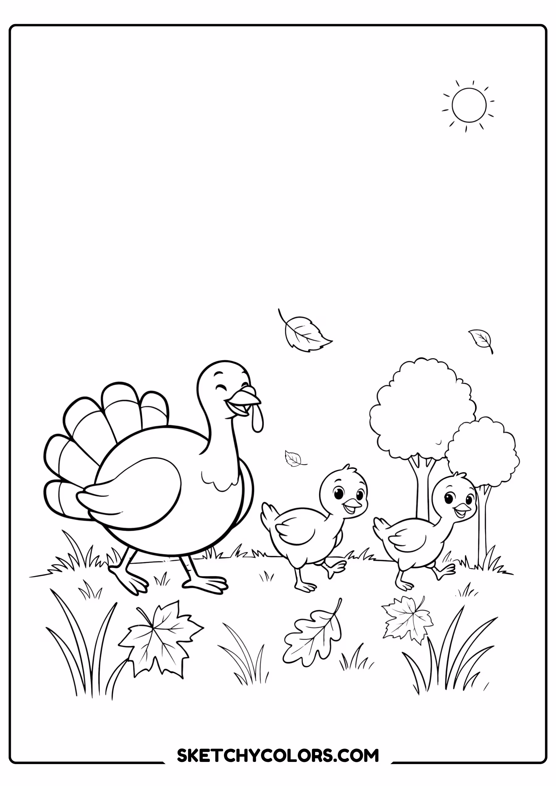 thanksgiving coloring page turkey family fall meadow free printable pdf