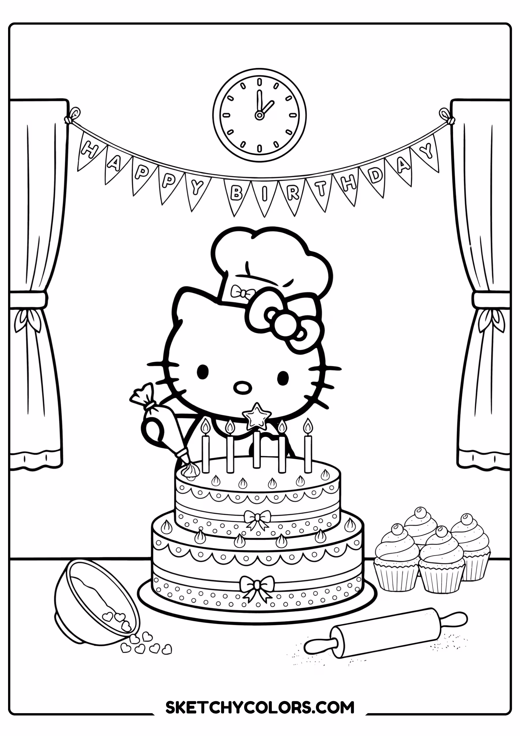 hello kitty birthday cake printable coloring page pdf