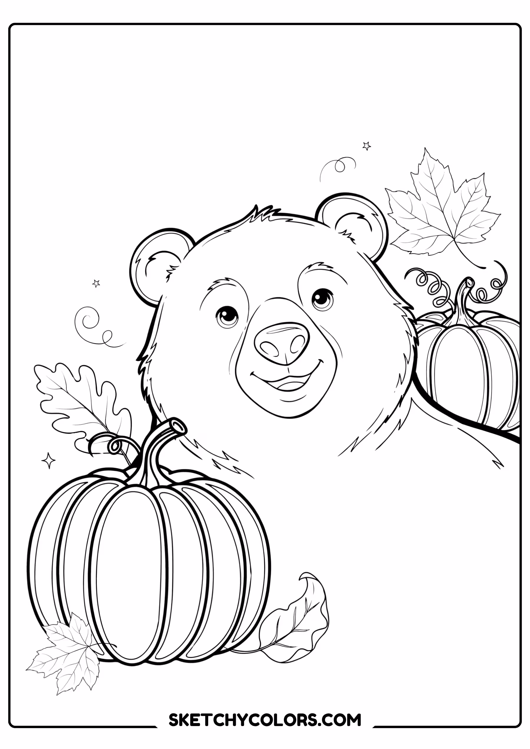 autumn coloring page bear pumpkin patch leaves free printable for kids
