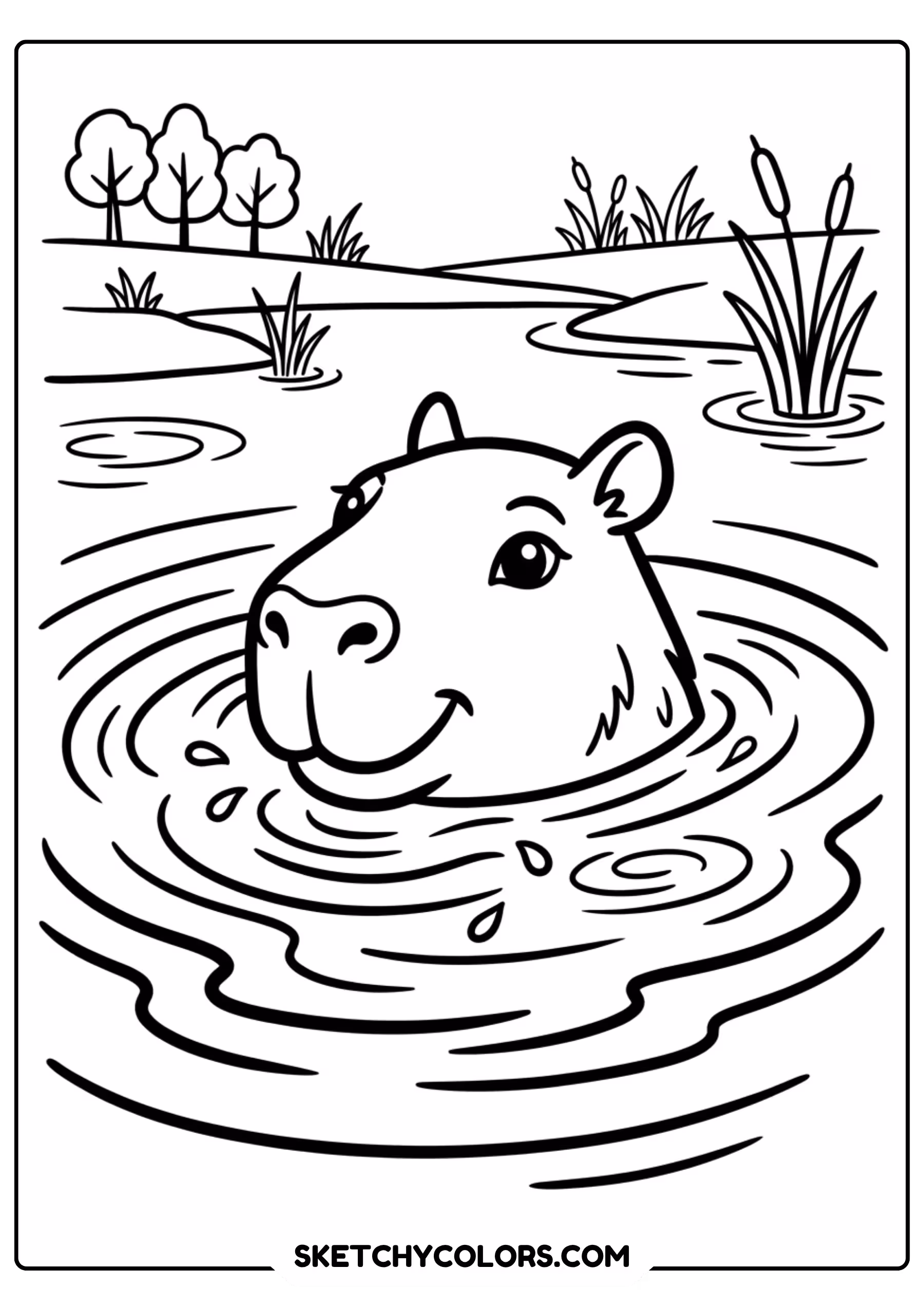capybara swimming river free printable coloring page for kids