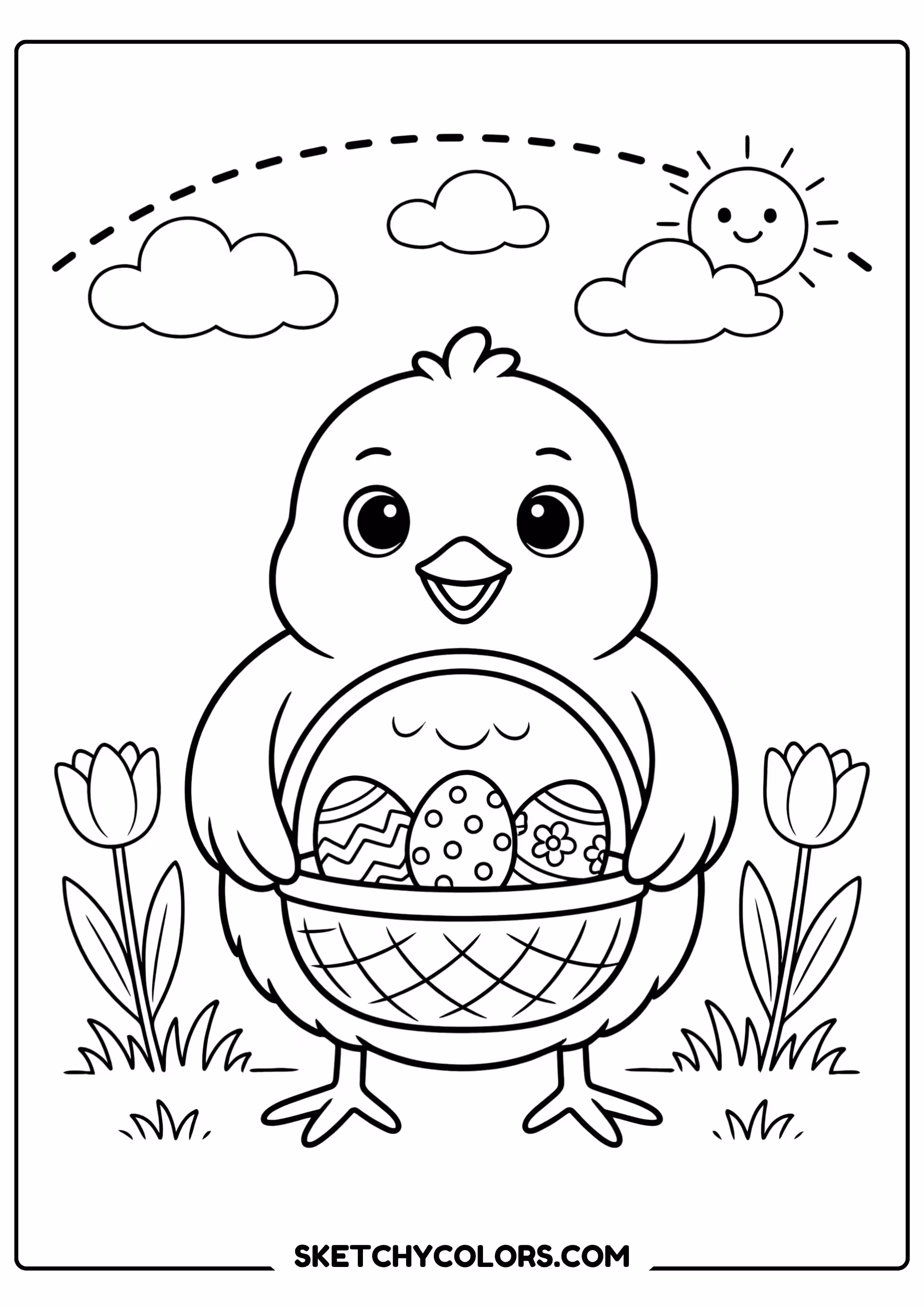 easter coloring page chick carrying basket free printable for kids