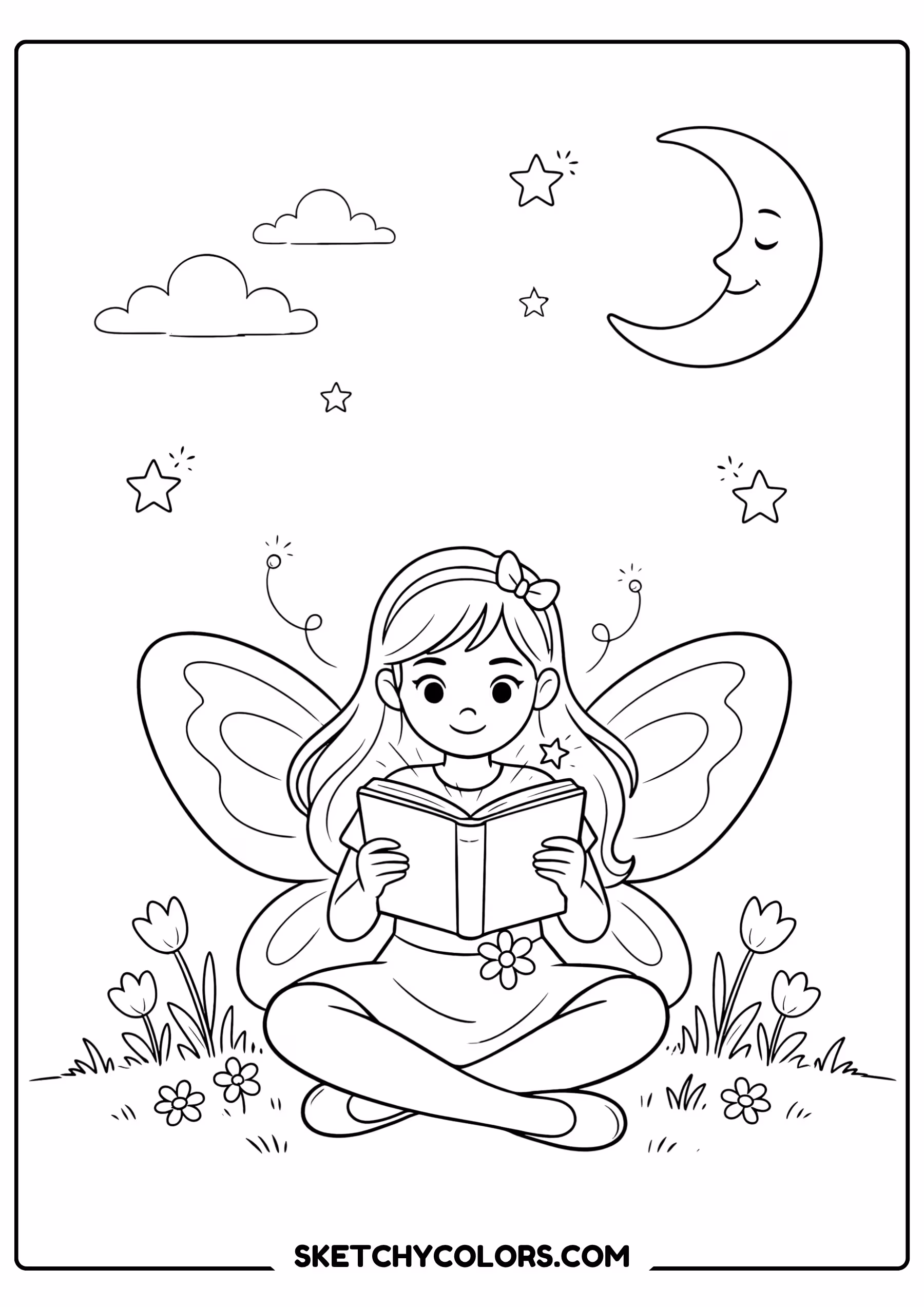 fairy coloring page reading storybook stars fairy lights wings free printable for kids