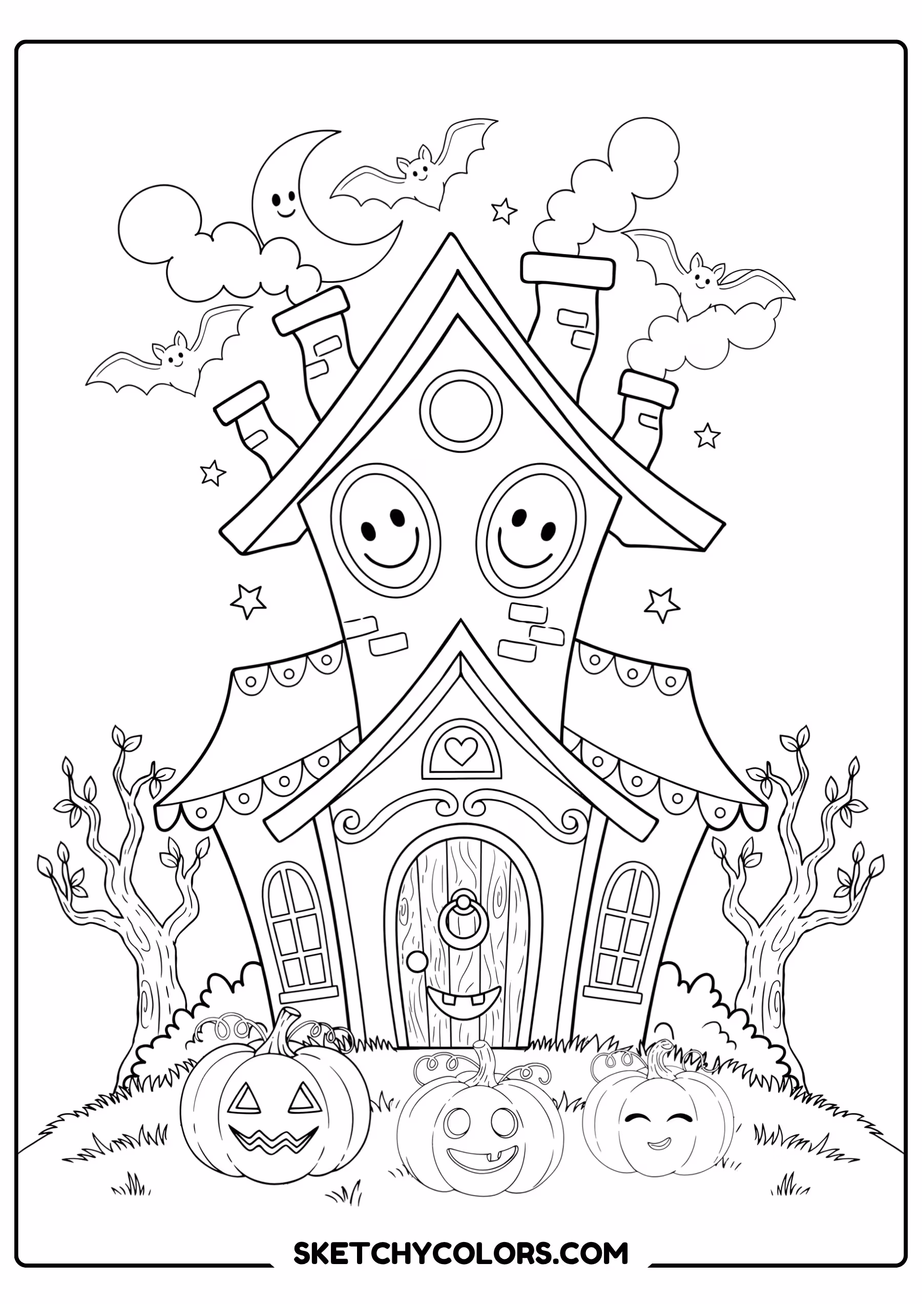 halloween coloring page haunted house bats pumpkins free printable for kids