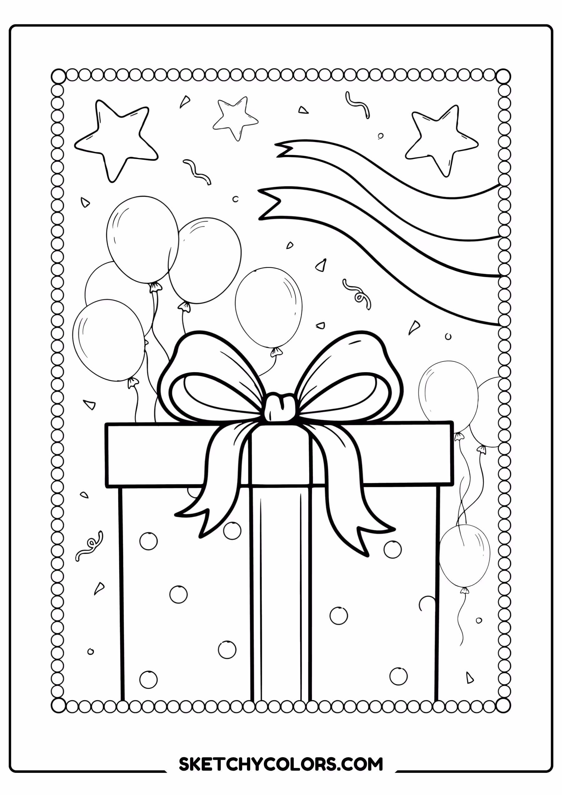 happy birthday coloring page giant gift bow balloons free printable for kids