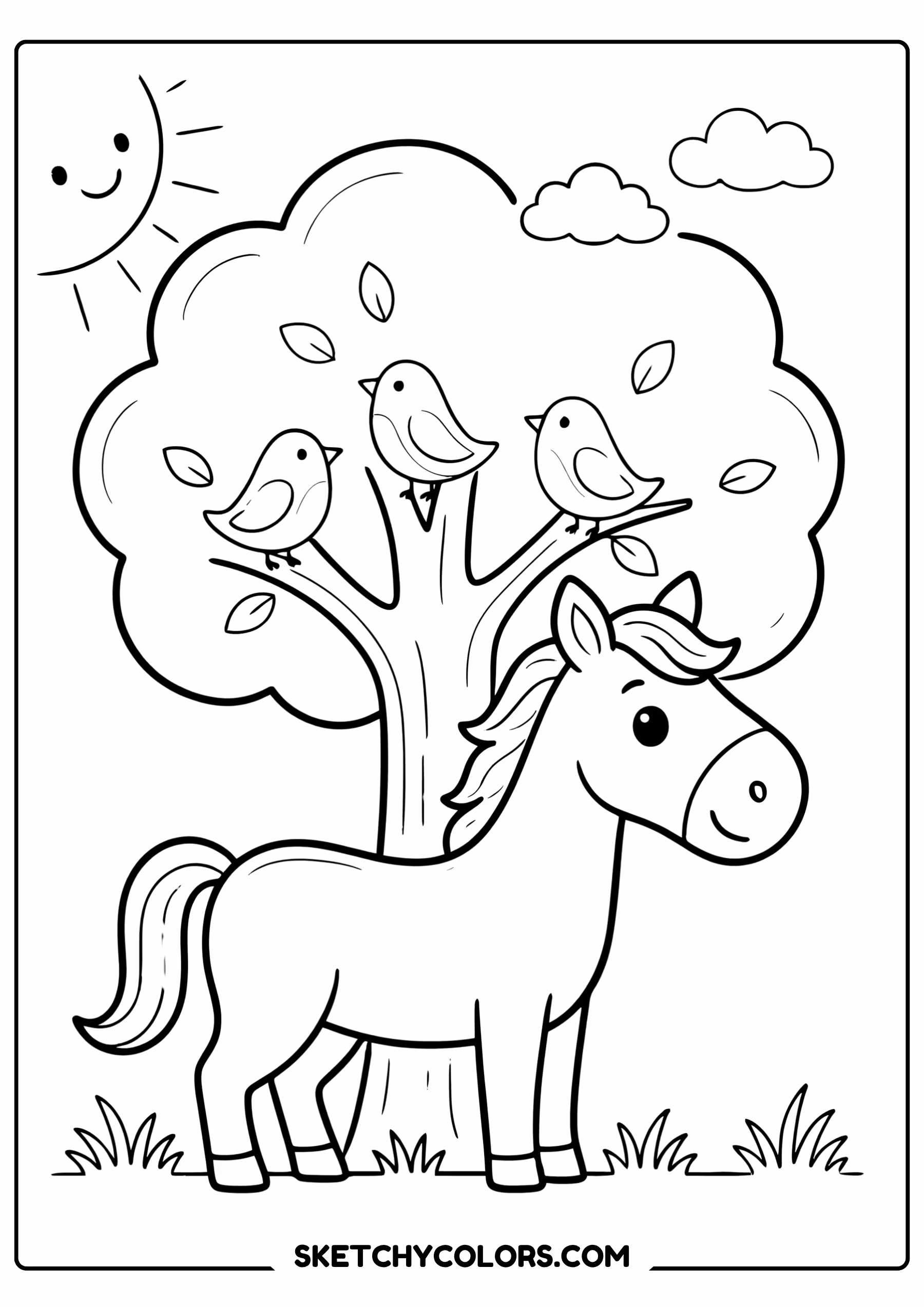 horse coloring page under tree birds free printable for kids