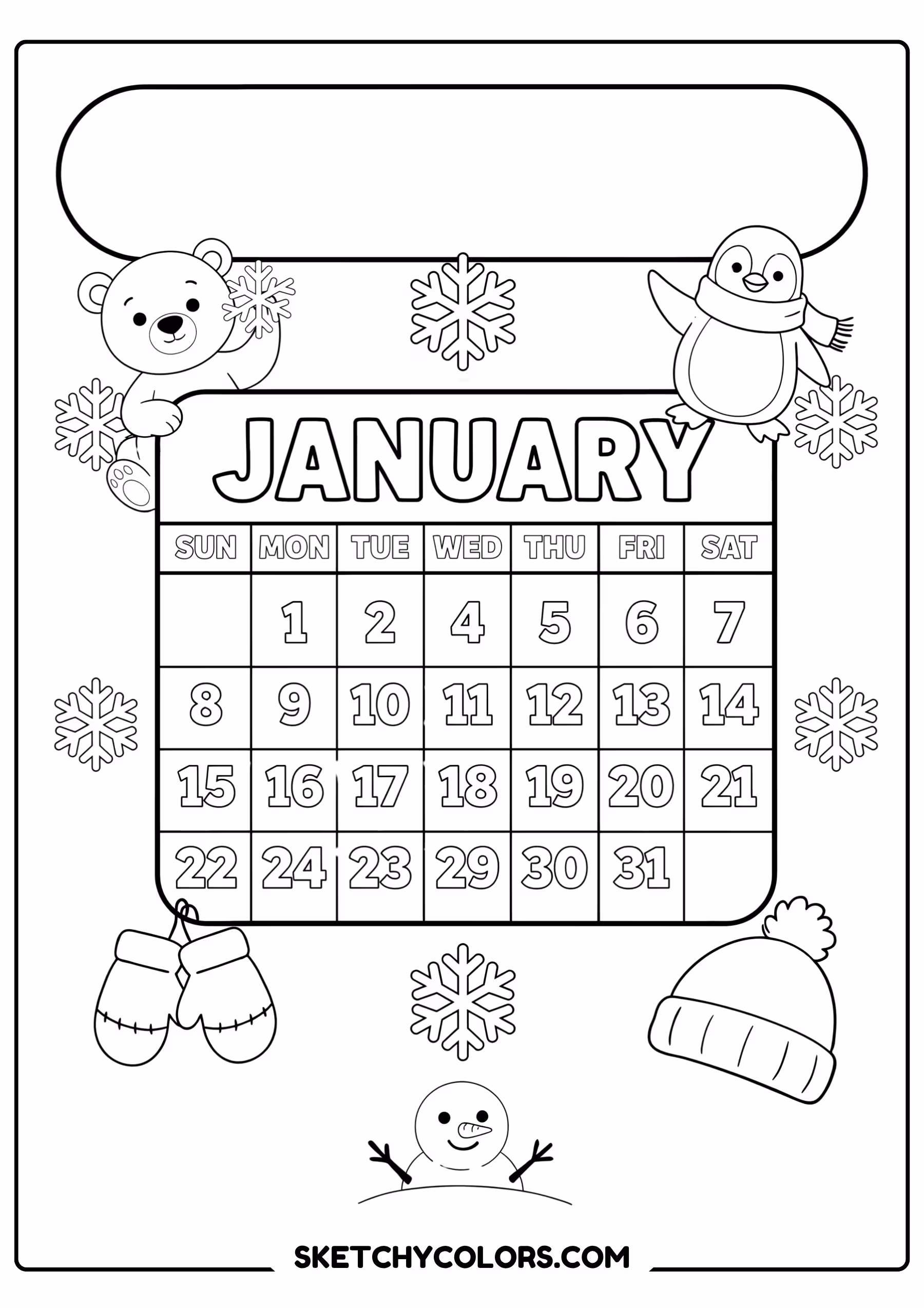 january coloring page calendar snowflakes mittens free printable for kids