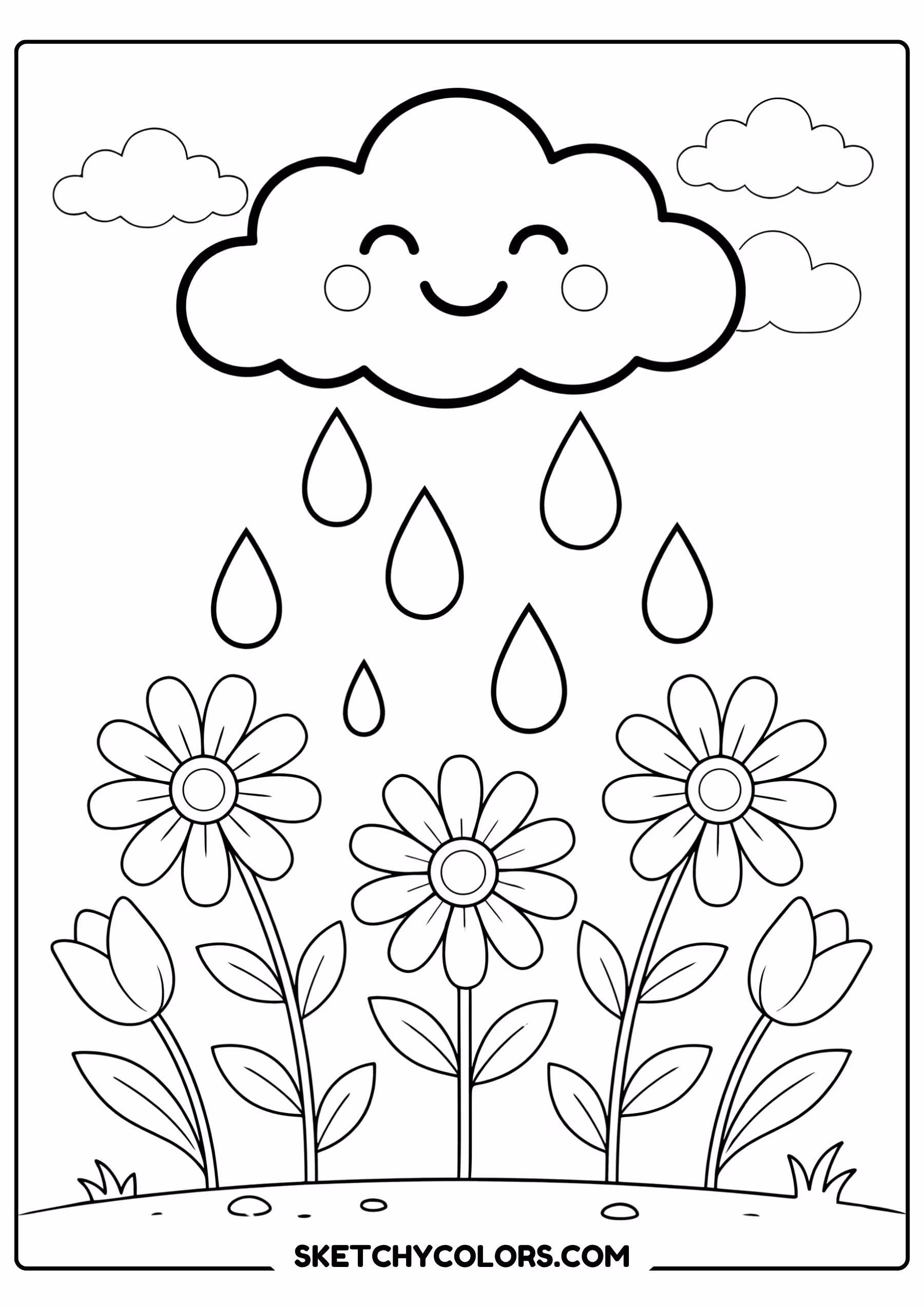 march coloring page smiling rain cloud flowers free printable for kids