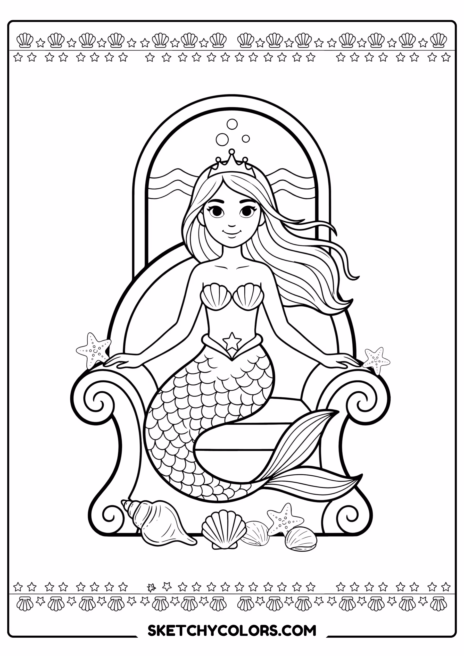 mermaid coloring page underwater castle seashells sea stars free printable for kids