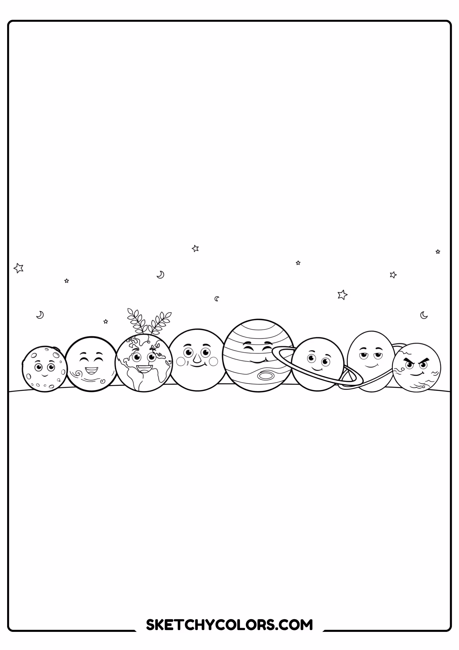 solar system coloring page eight planets family portrait free printable for kids