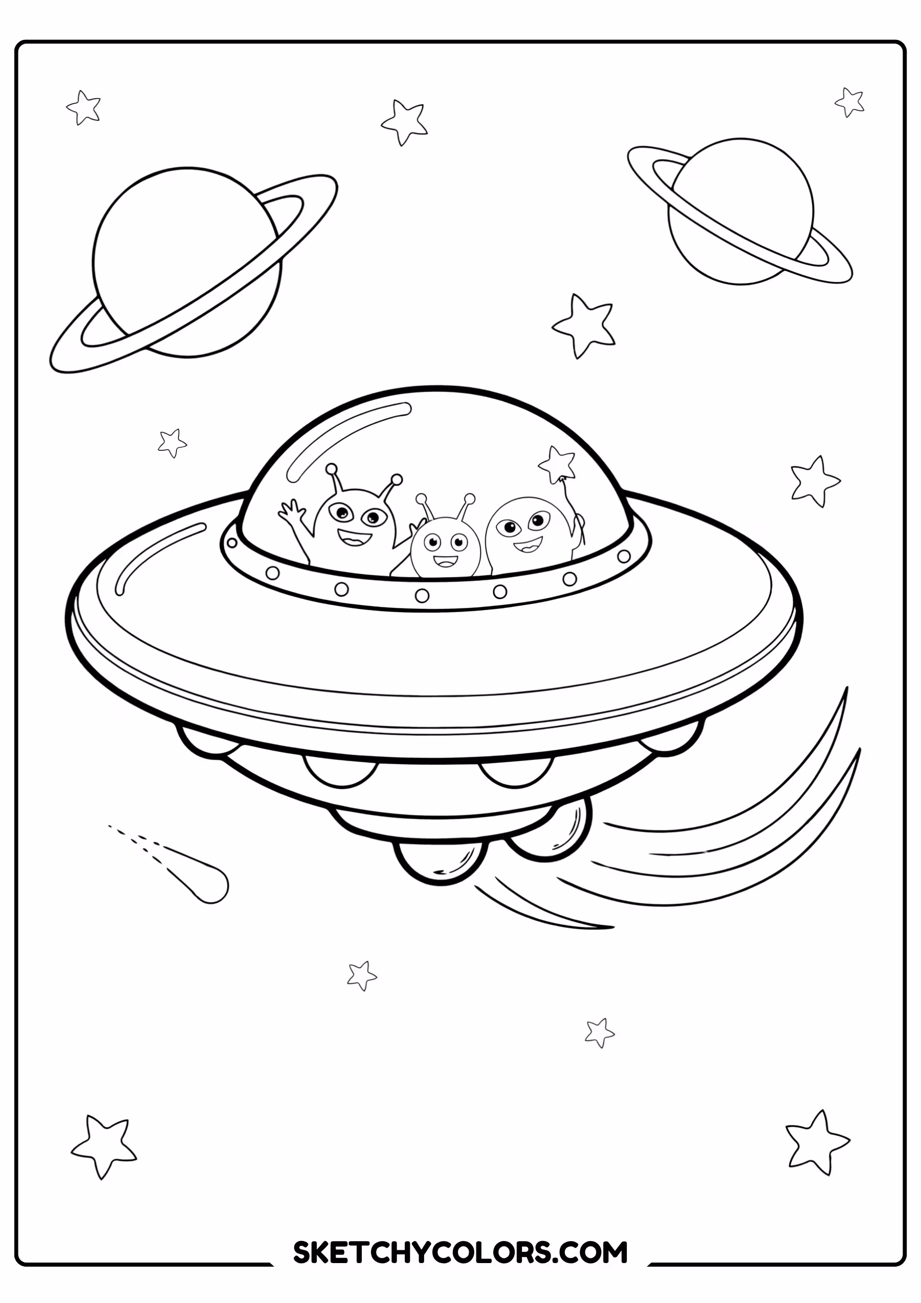 space coloring page flying saucer happy aliens planets free printable for kids