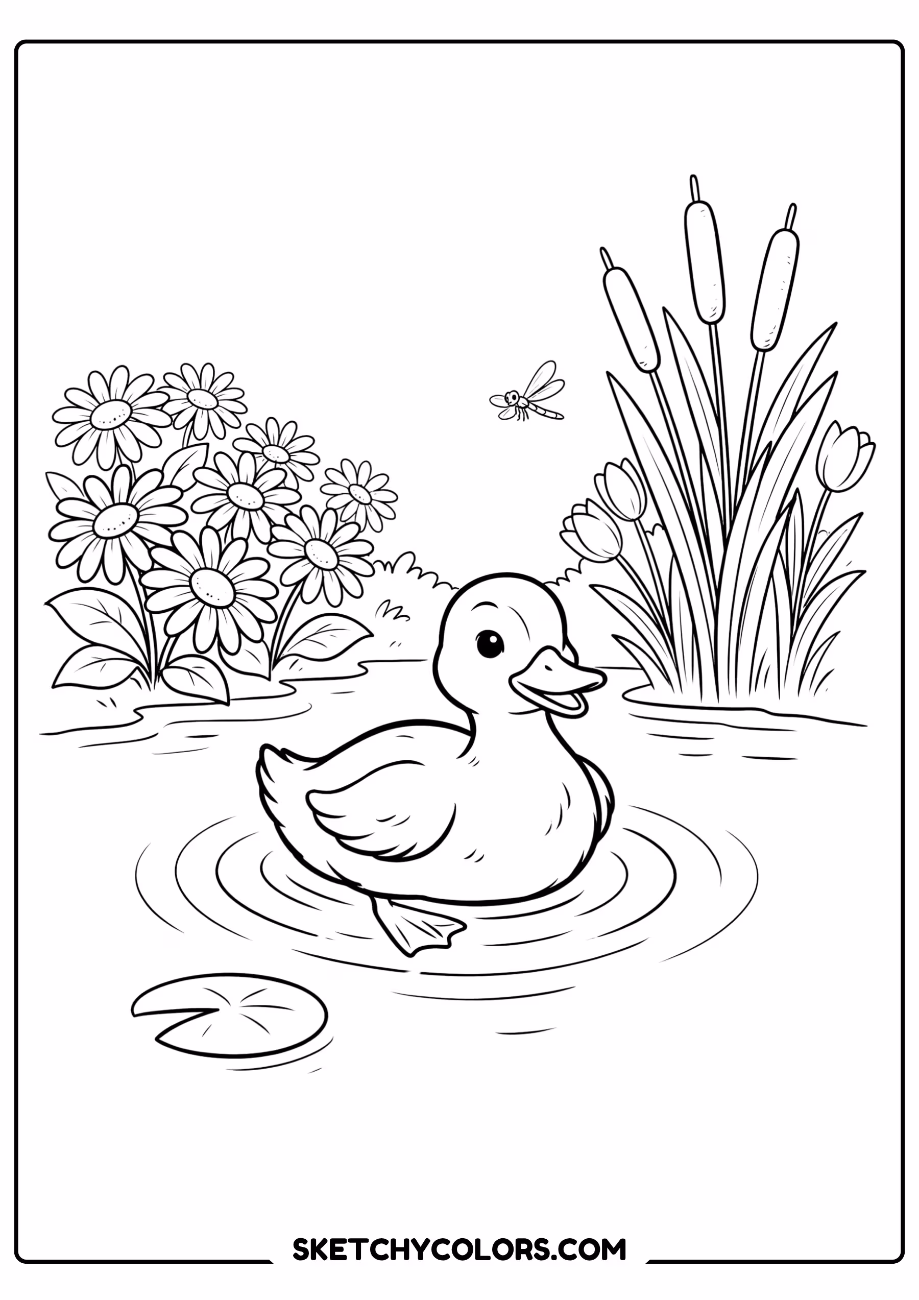 spring coloring page duckling pond flowers cattails free printable for kids