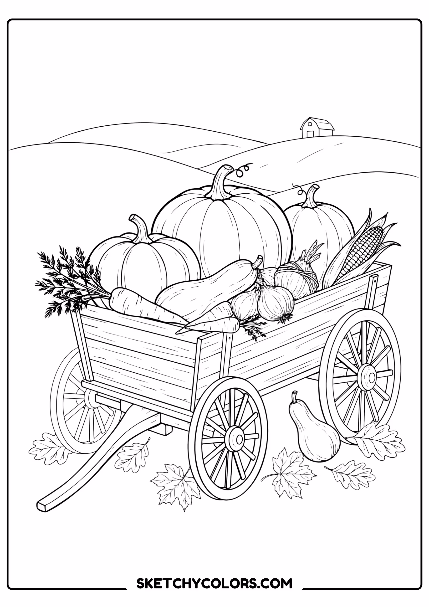 thanksgiving coloring page pumpkin wagon harvest vegetables free printable for kids