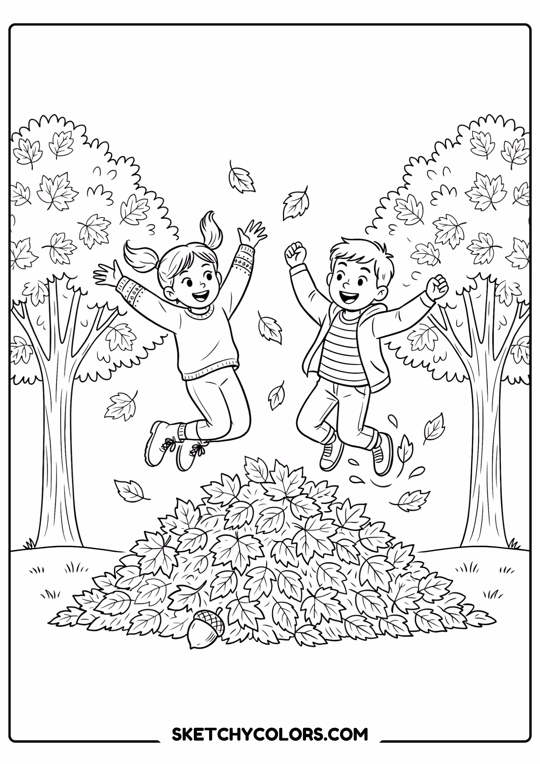 autumn coloring page children jumping leaves pile free printable pdf