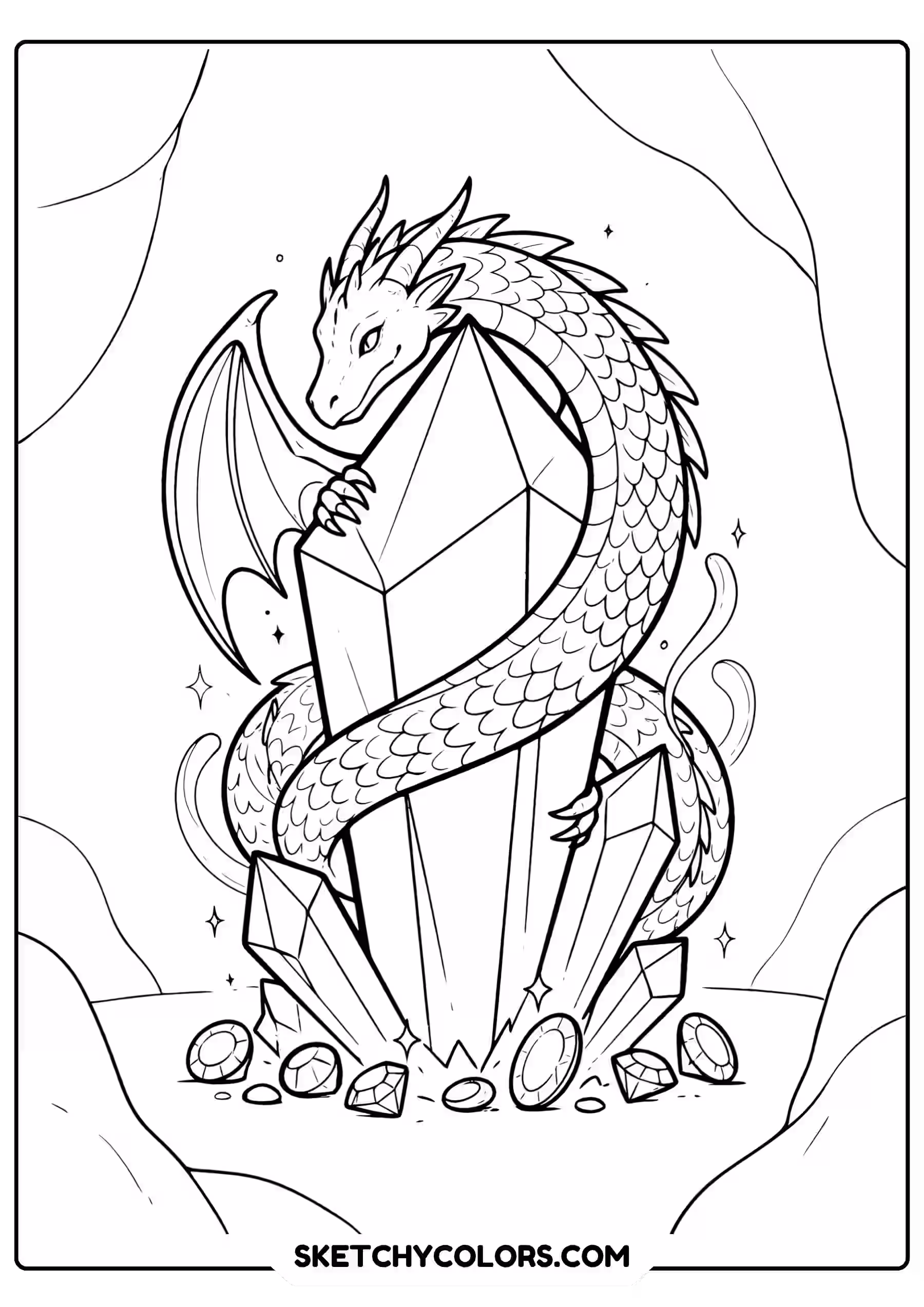dragon coloring page magic crystal sparkling gems free printable pdf