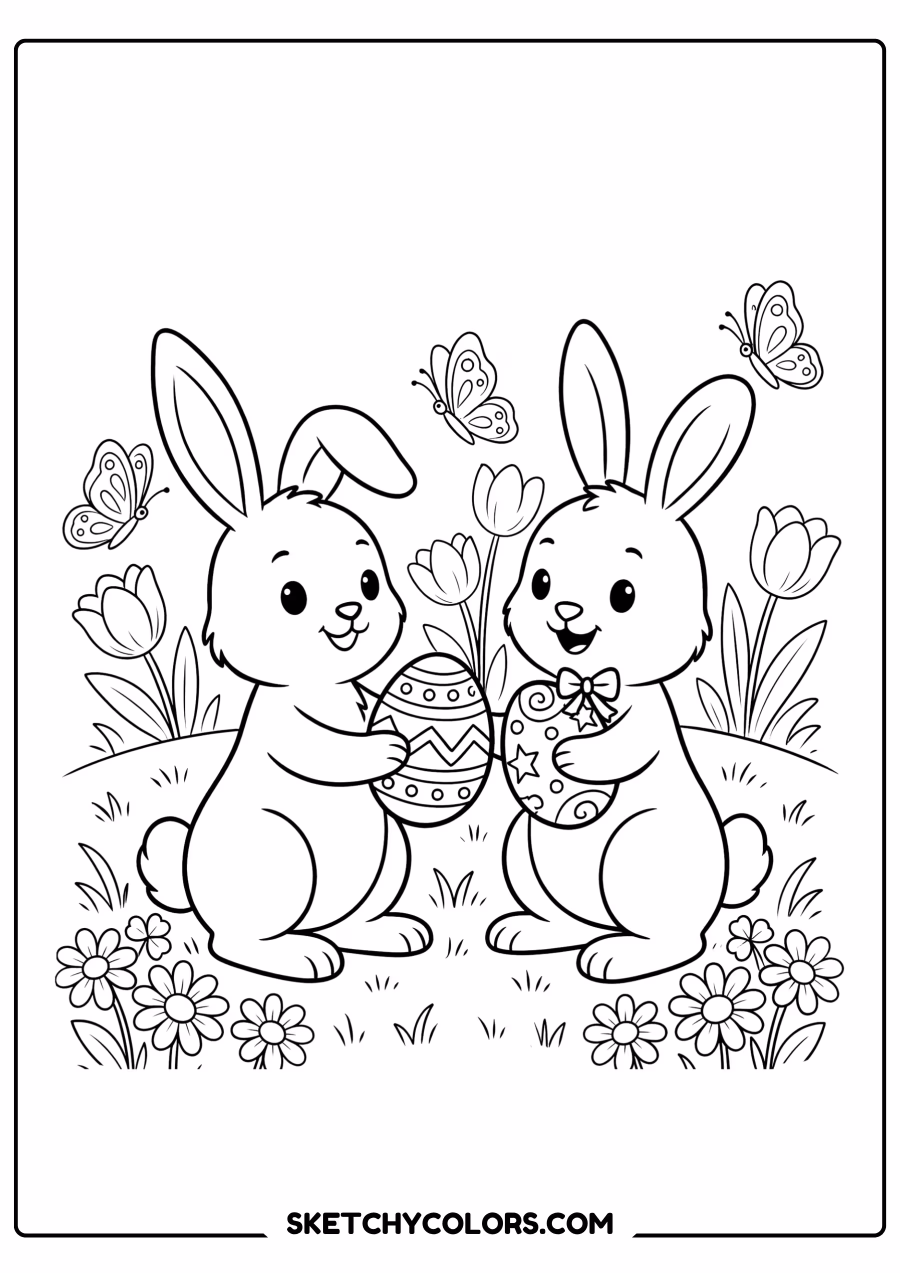 easter coloring page two bunnies sharing eggs free printable pdf